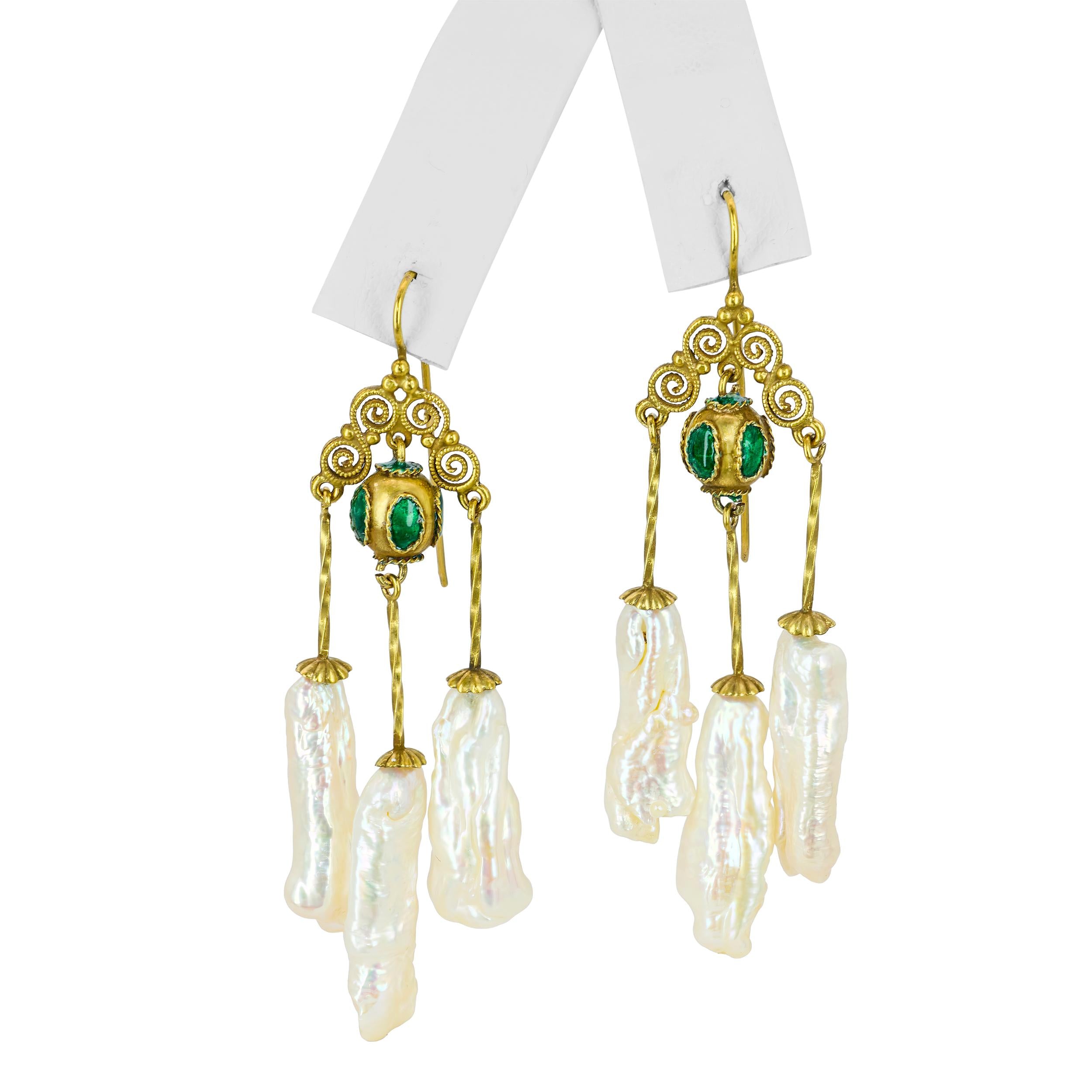 Vintage 9k Yellow Gold Pearl Etruscan Revival Chandelier Earrings