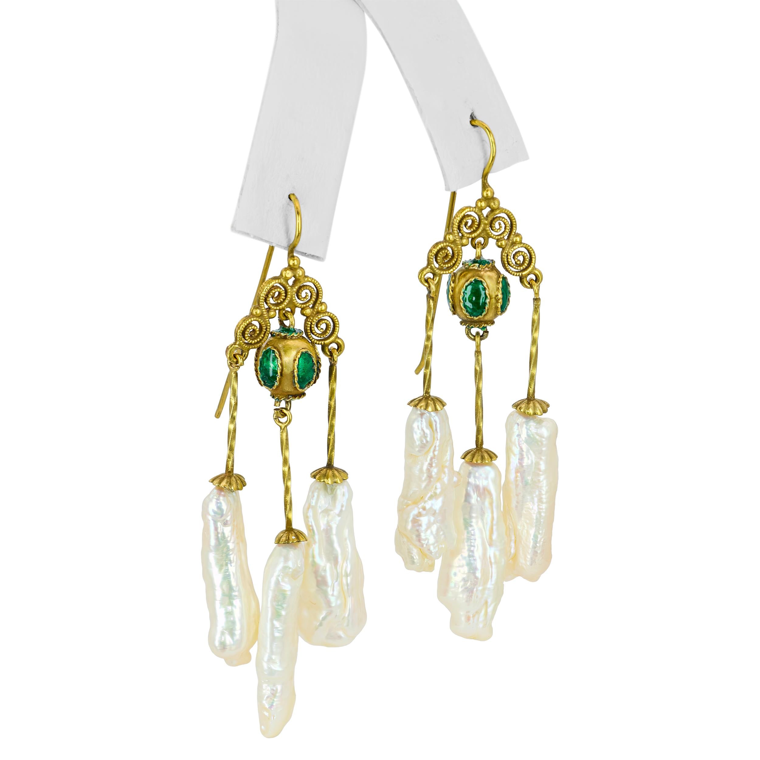 Vintage 9k Yellow Gold Pearl Etruscan Revival Chandelier Earrings