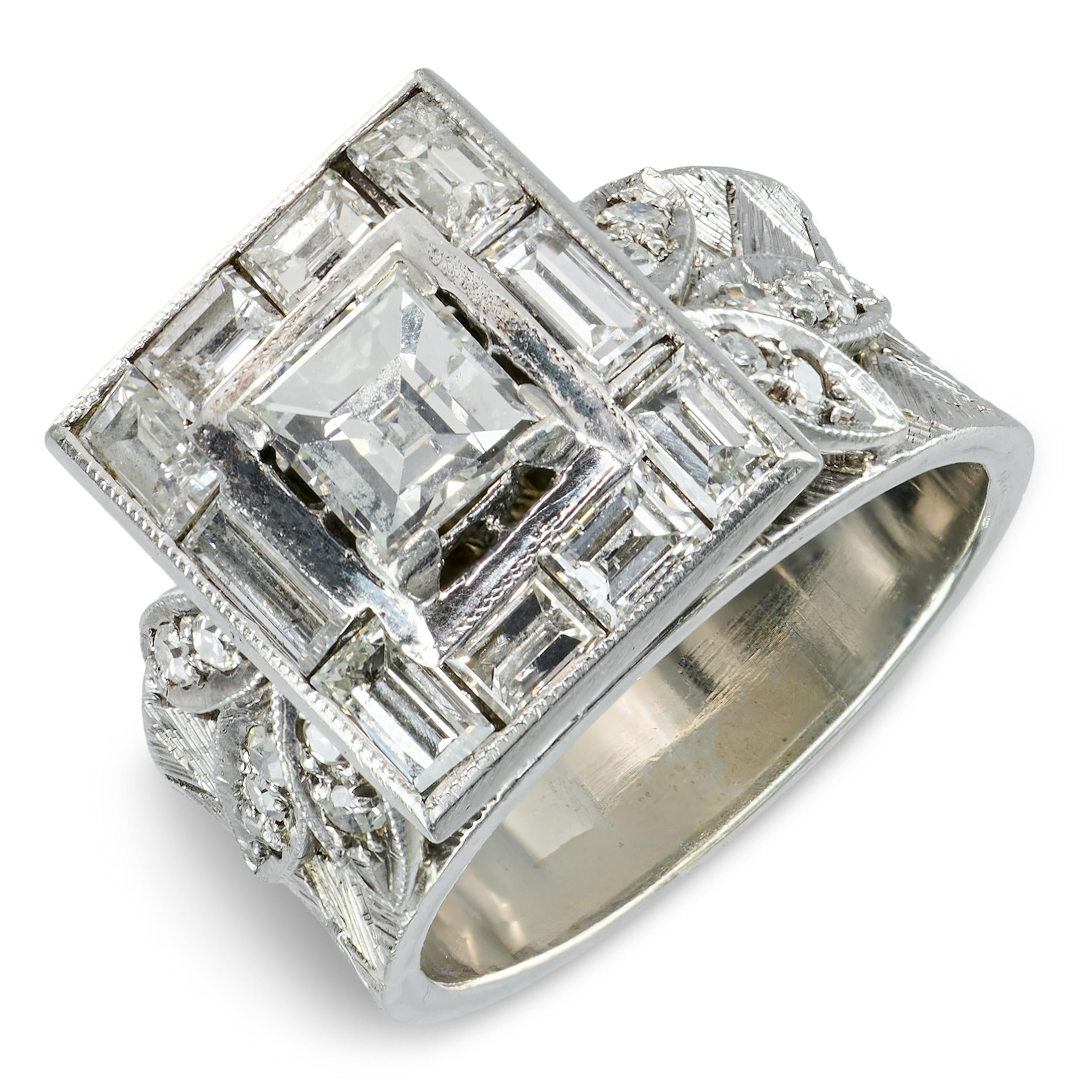 Vintage 9k White Gold Step Cut Diamond Halo Engagement Ring