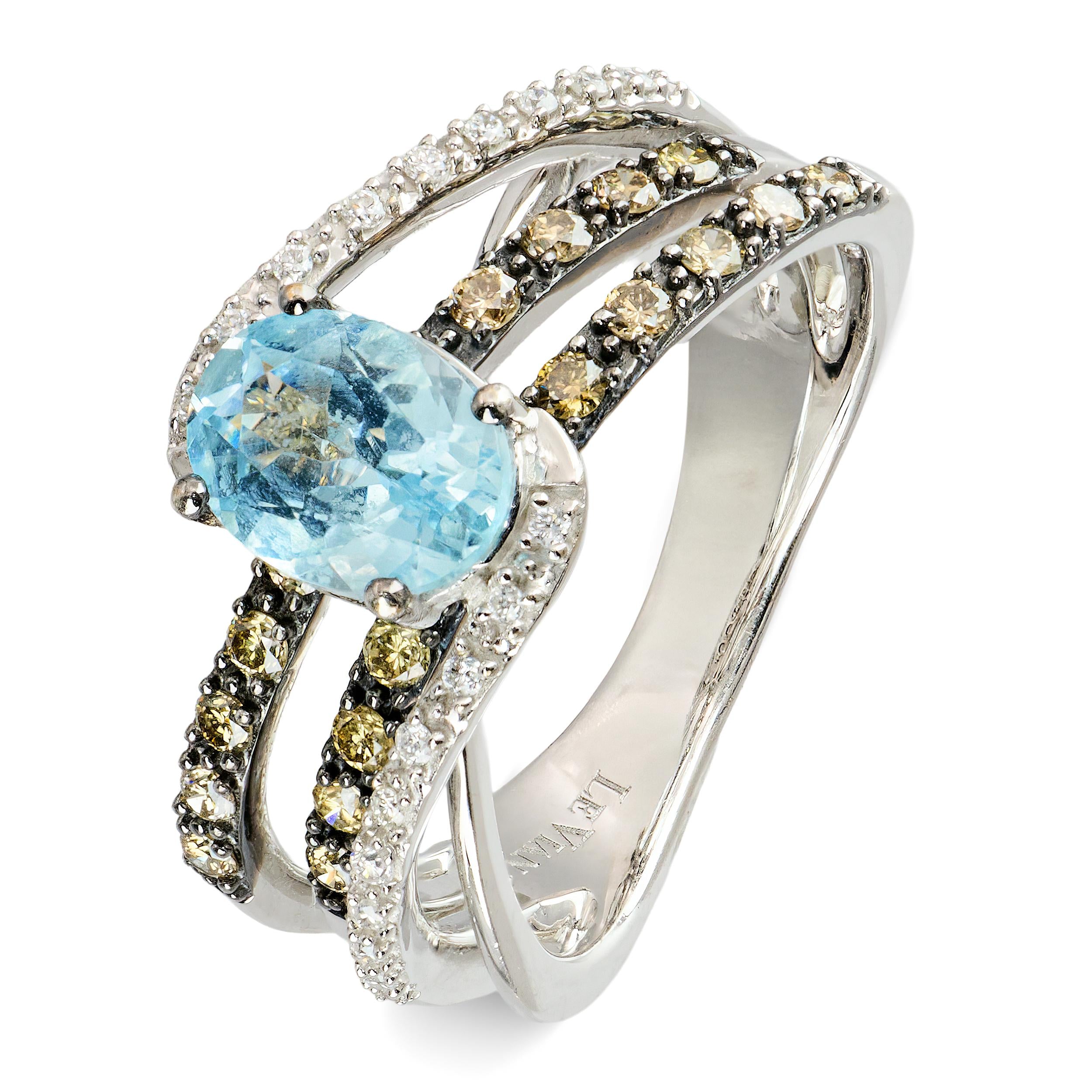 LeVian 14k White Gold Aquamarine, Champagne Diamond and White Sapphire Pavé Ring