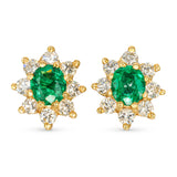 Vintage 14k Yellow Gold Emerald and Diamond Halo Stud Earrings