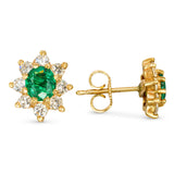 Vintage 14k Yellow Gold Emerald and Diamond Halo Stud Earrings
