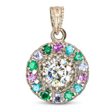 Vintage 18k White Gold Diamond and Multi Gemstone Halo Pendant