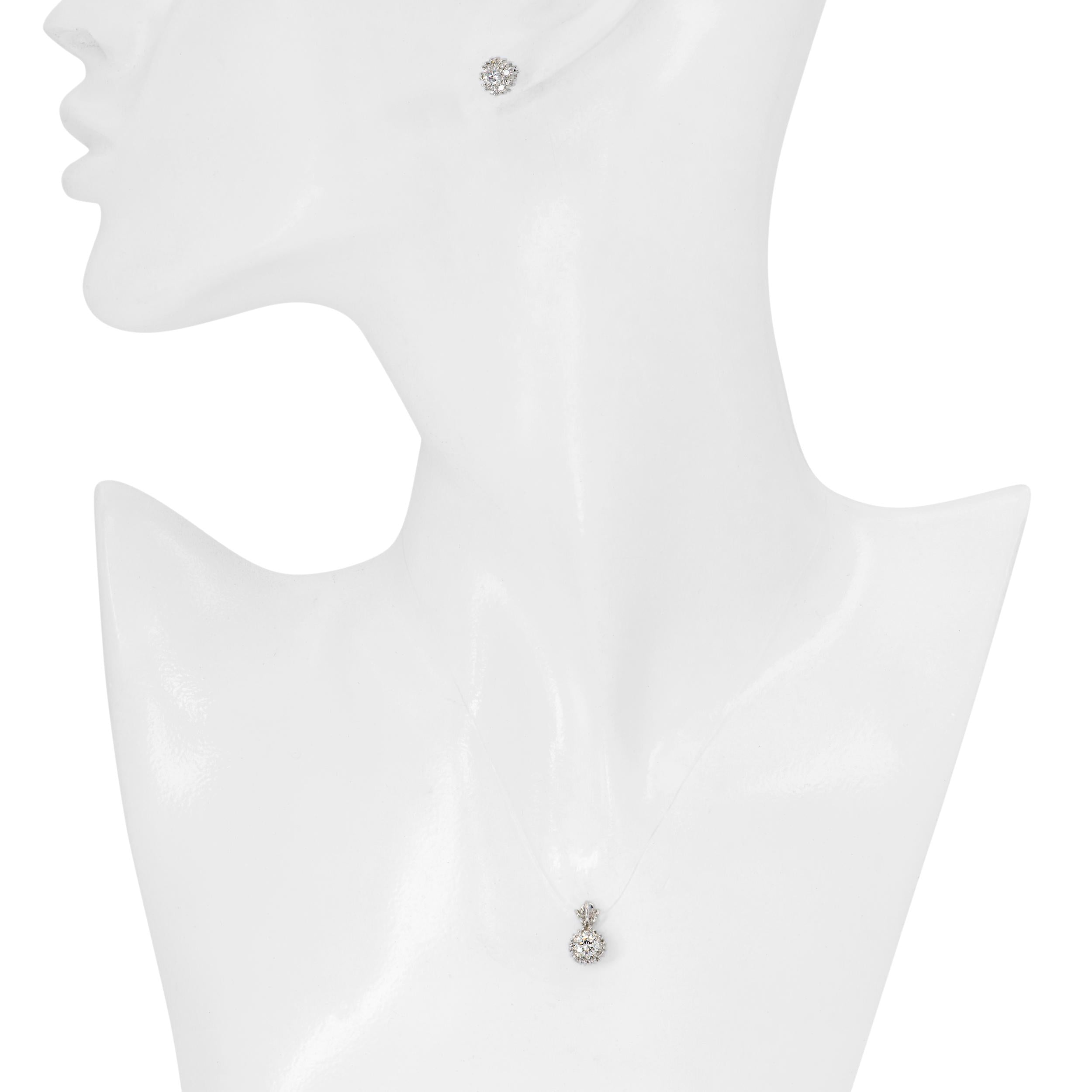 18k White Gold Diamond Halo Pendant and Stud Earrings Set