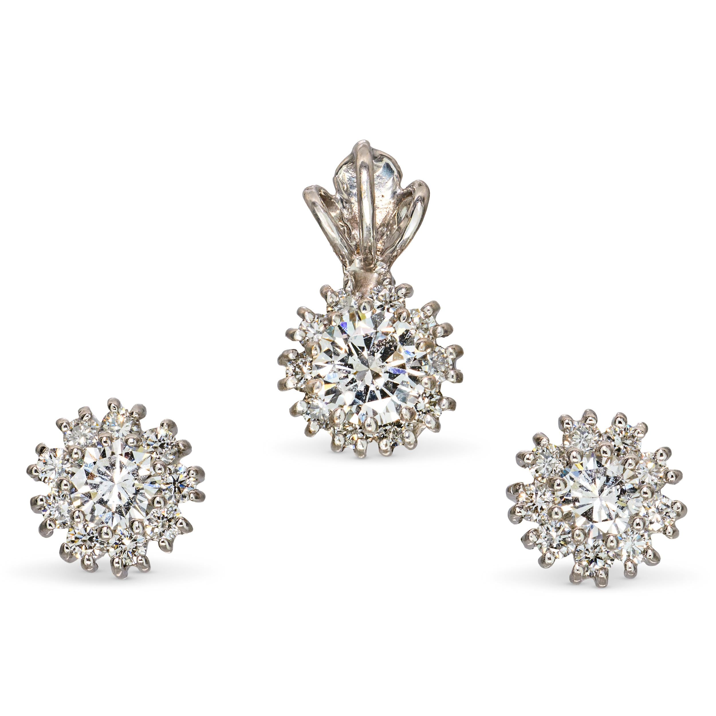 18k White Gold Diamond Halo Pendant and Stud Earrings Set