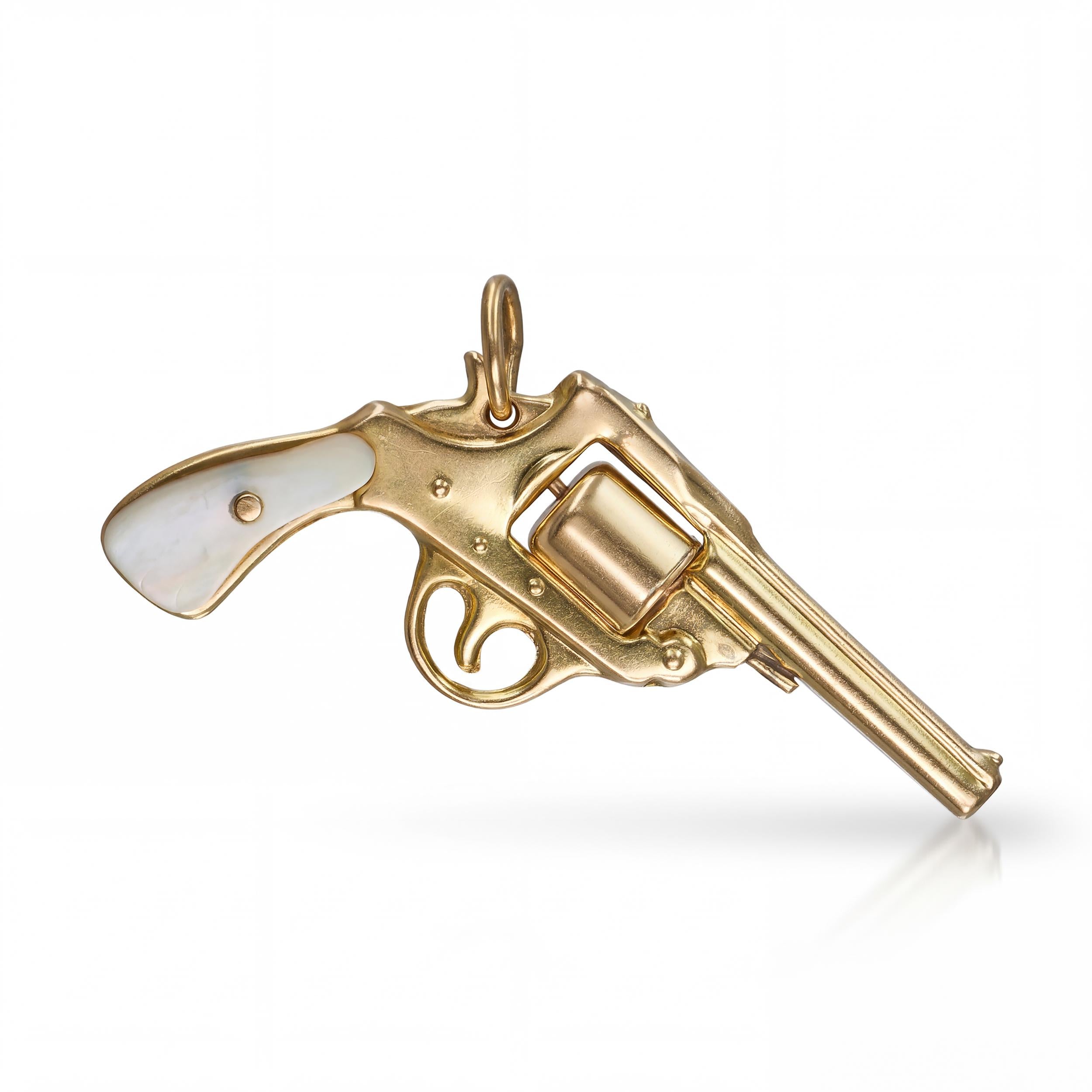 Vintage 14k Yellow Gold Mother of Pearl Handle Revolver Pistol Charm