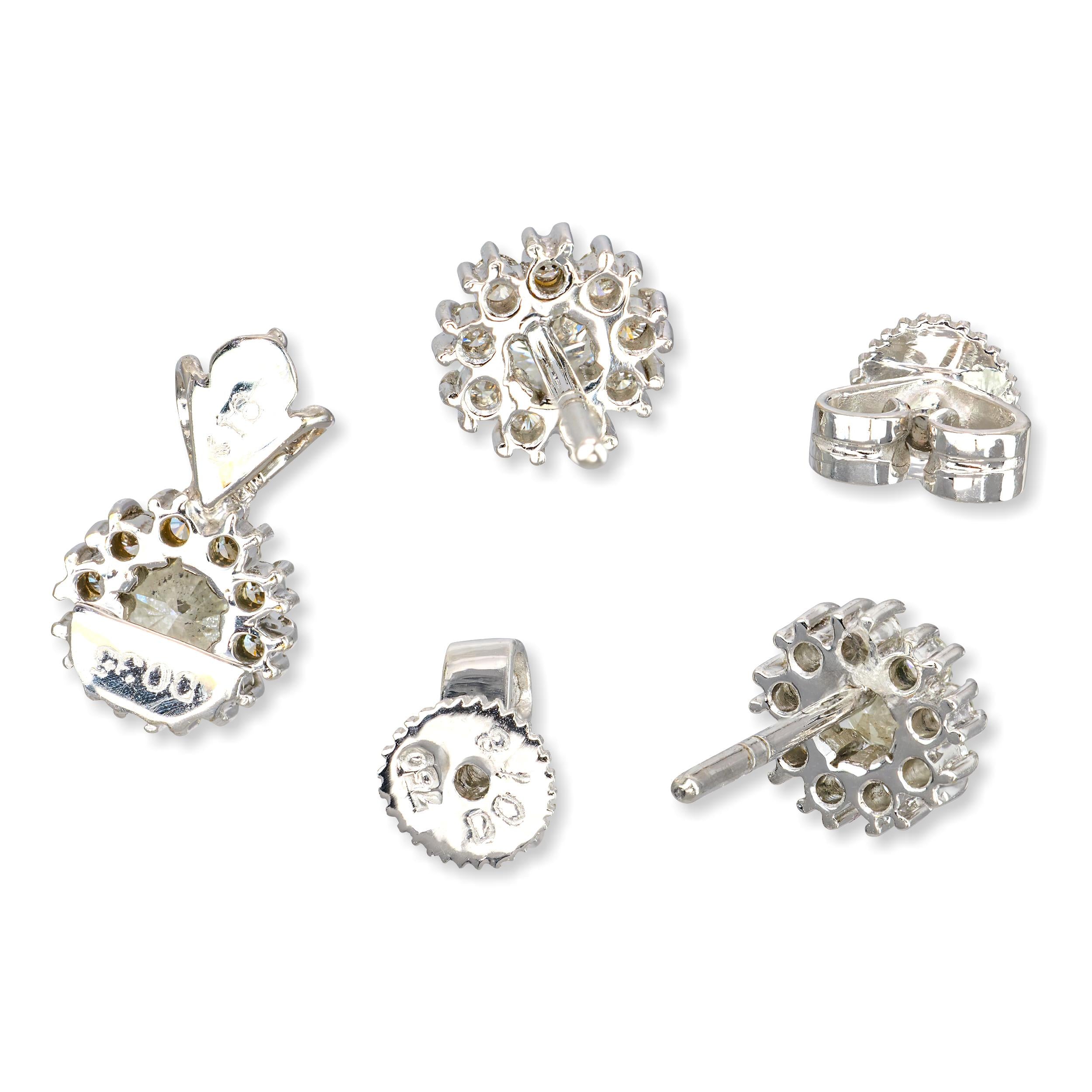 18k White Gold Diamond Halo Pendant and Stud Earrings Set