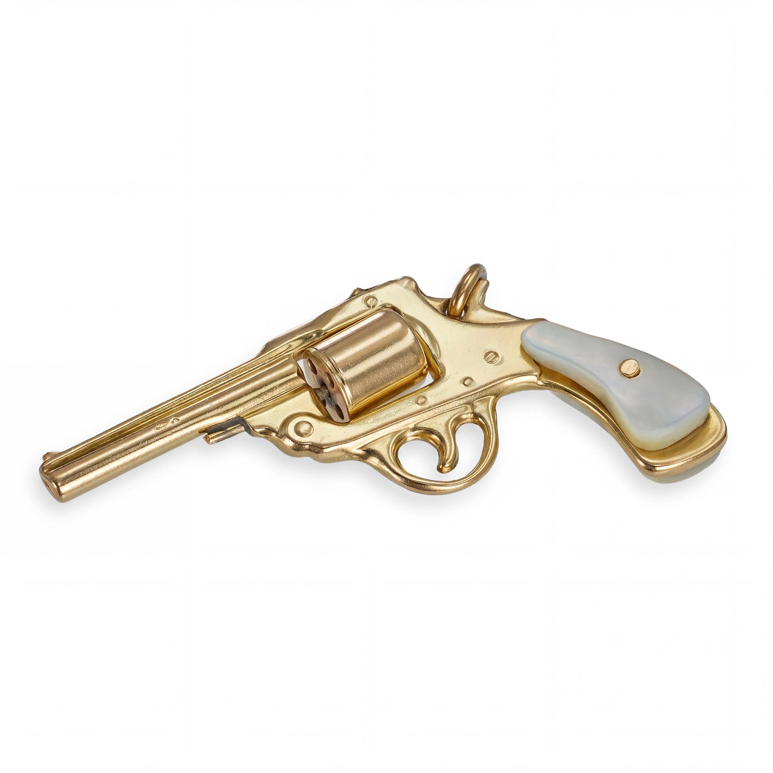 Vintage 14k Yellow Gold Mother of Pearl Handle Revolver Pistol Charm