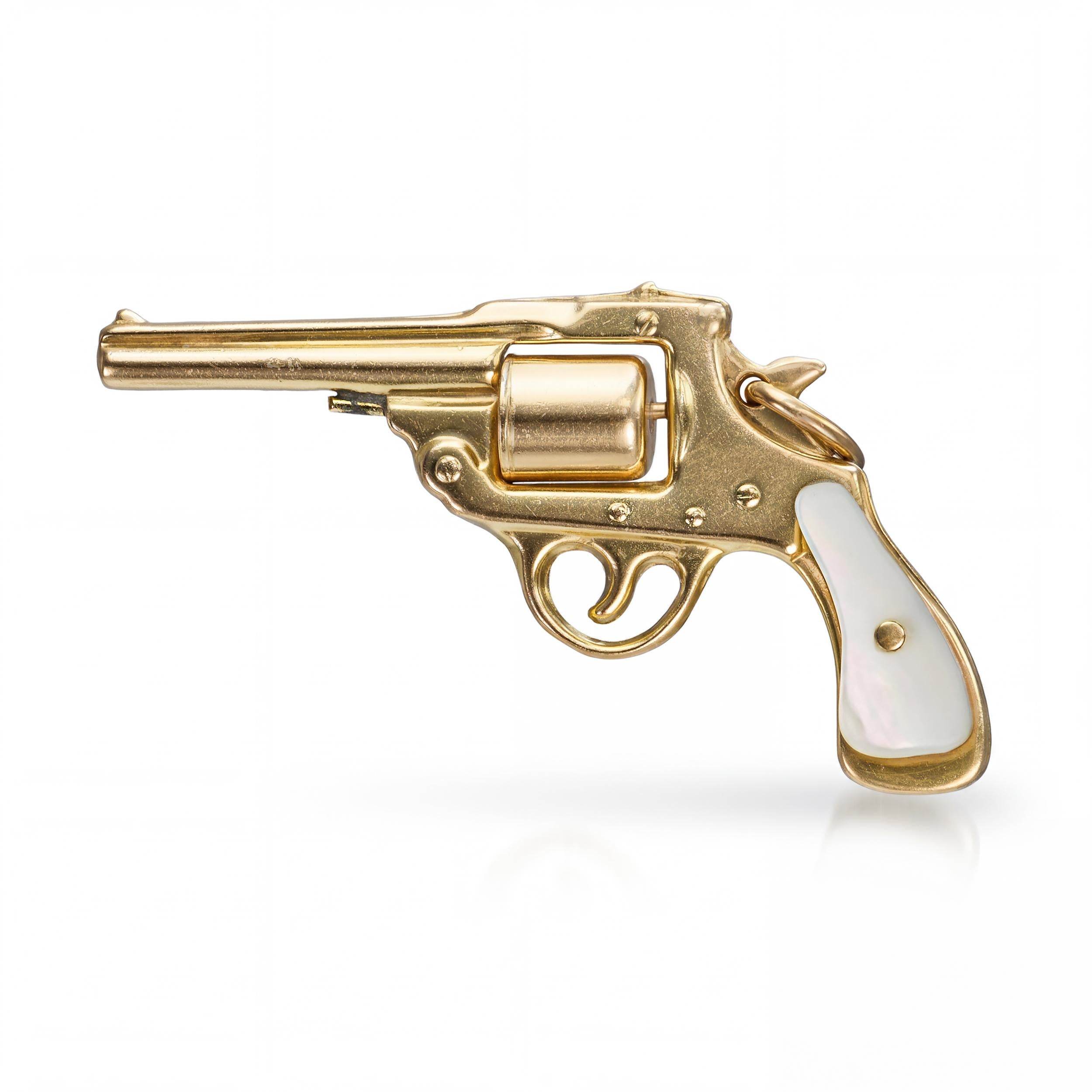 Vintage 14k Yellow Gold Mother of Pearl Handle Revolver Pistol Charm