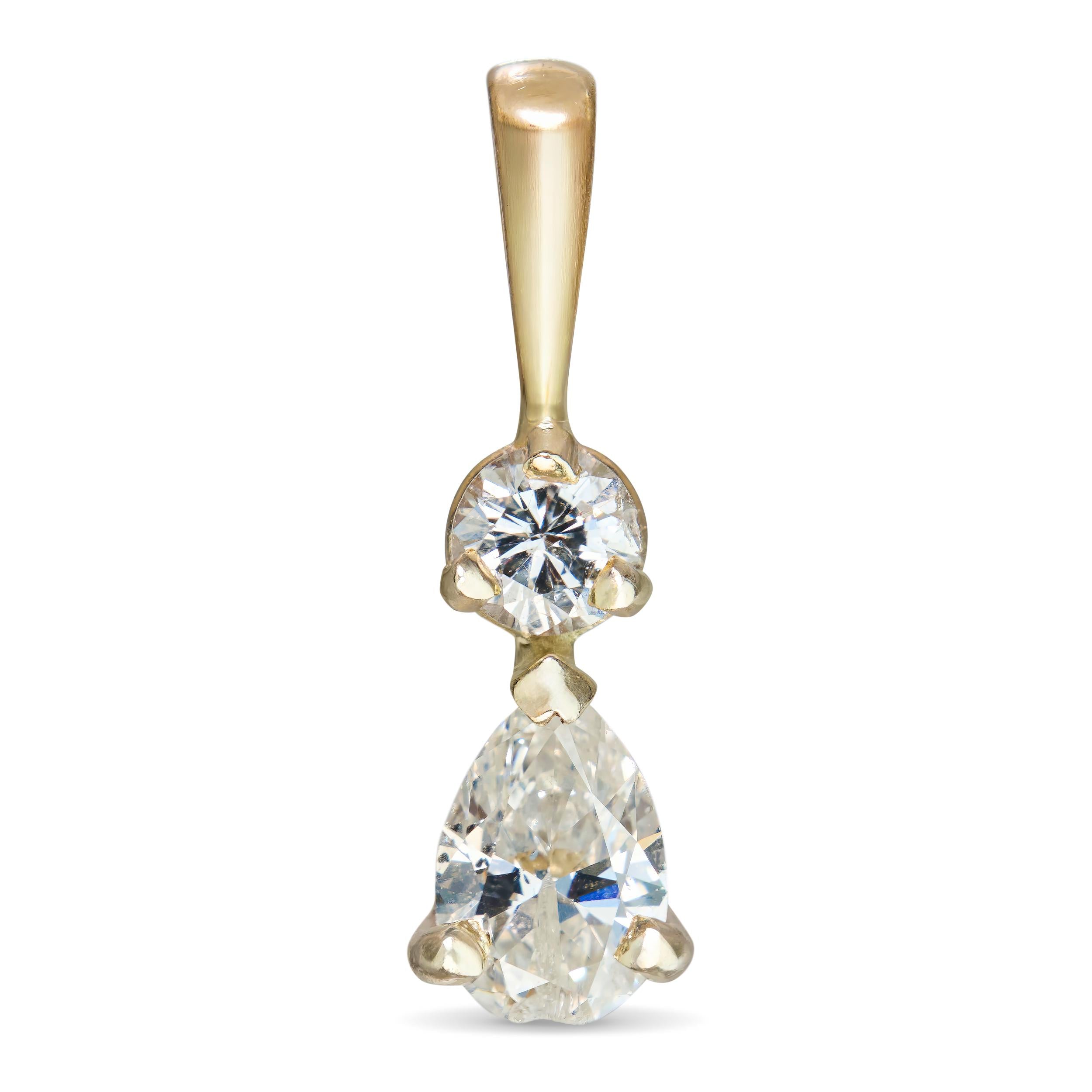 Vintage 14k Yellow Gold Diamond Pear and Round Cut Two Stone Pendant