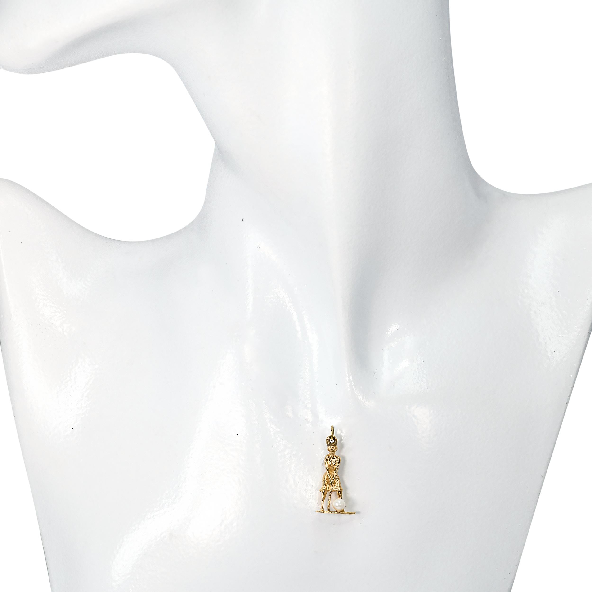Vintage 14k Yellow Gold and Pearl Golfing Lady Charm