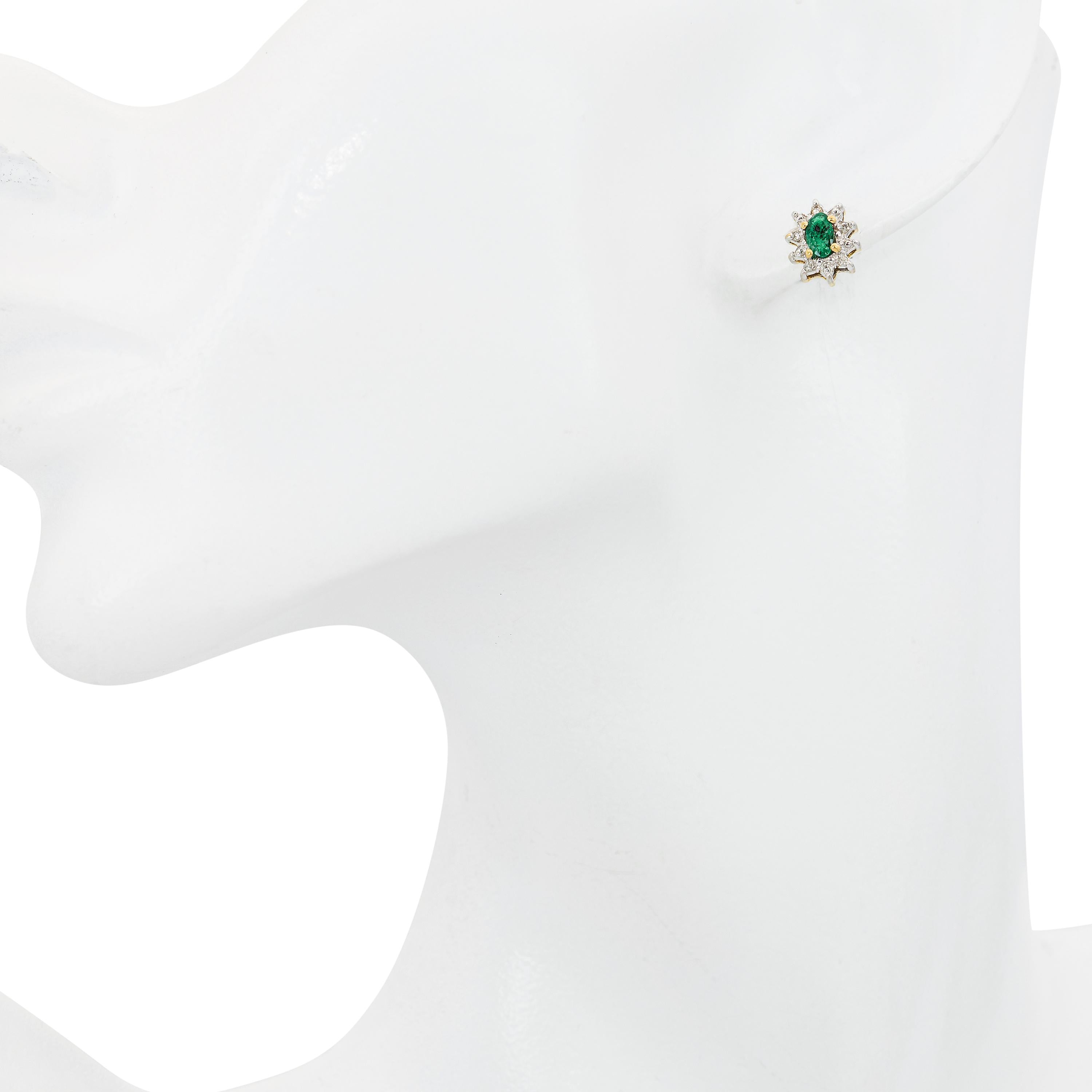 Vintage Two Tone 10k Gold Emerald and Diamond Halo Stud Earrings
