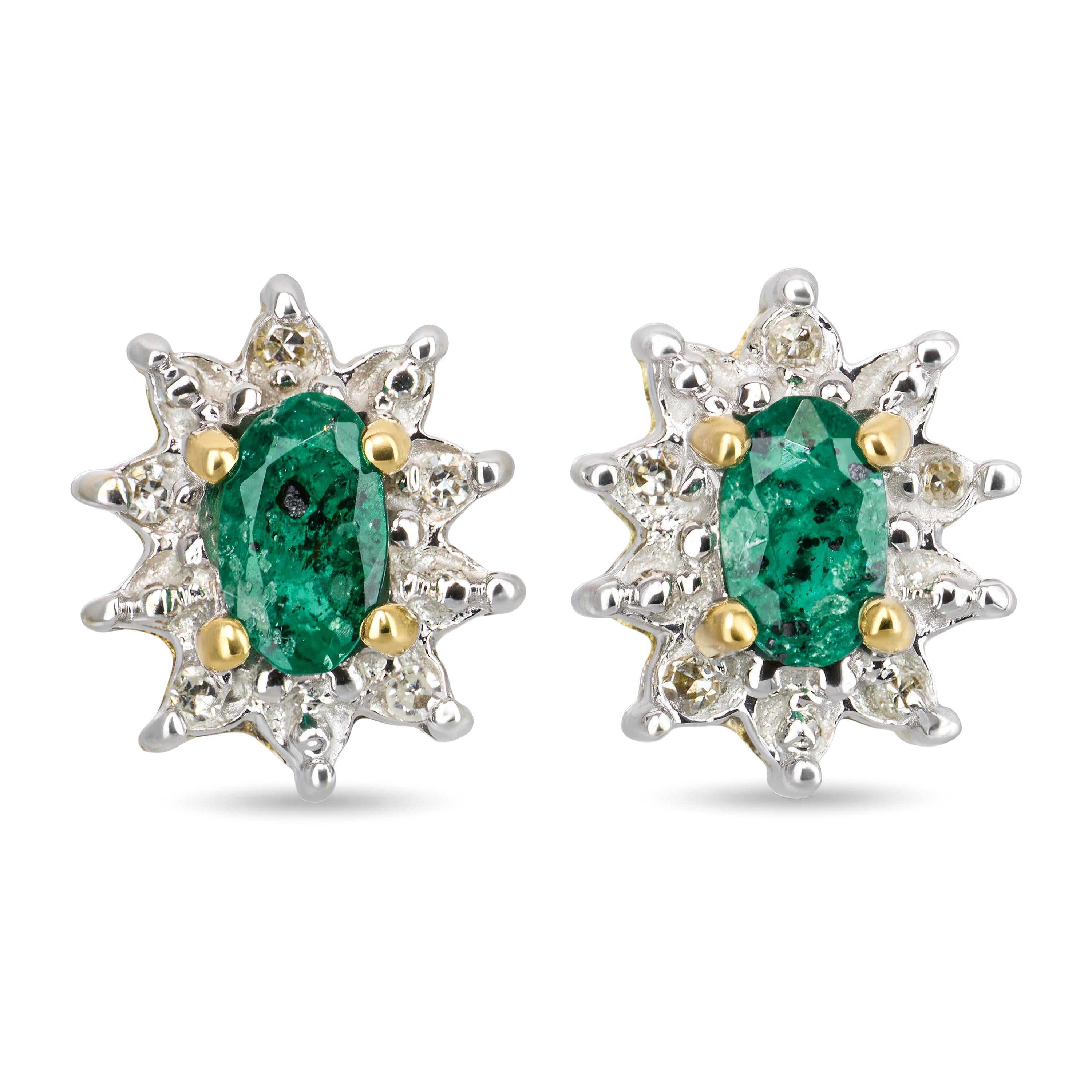Vintage Two Tone 10k Gold Emerald and Diamond Halo Stud Earrings