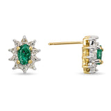 Vintage Two Tone 10k Gold Emerald and Diamond Halo Stud Earrings