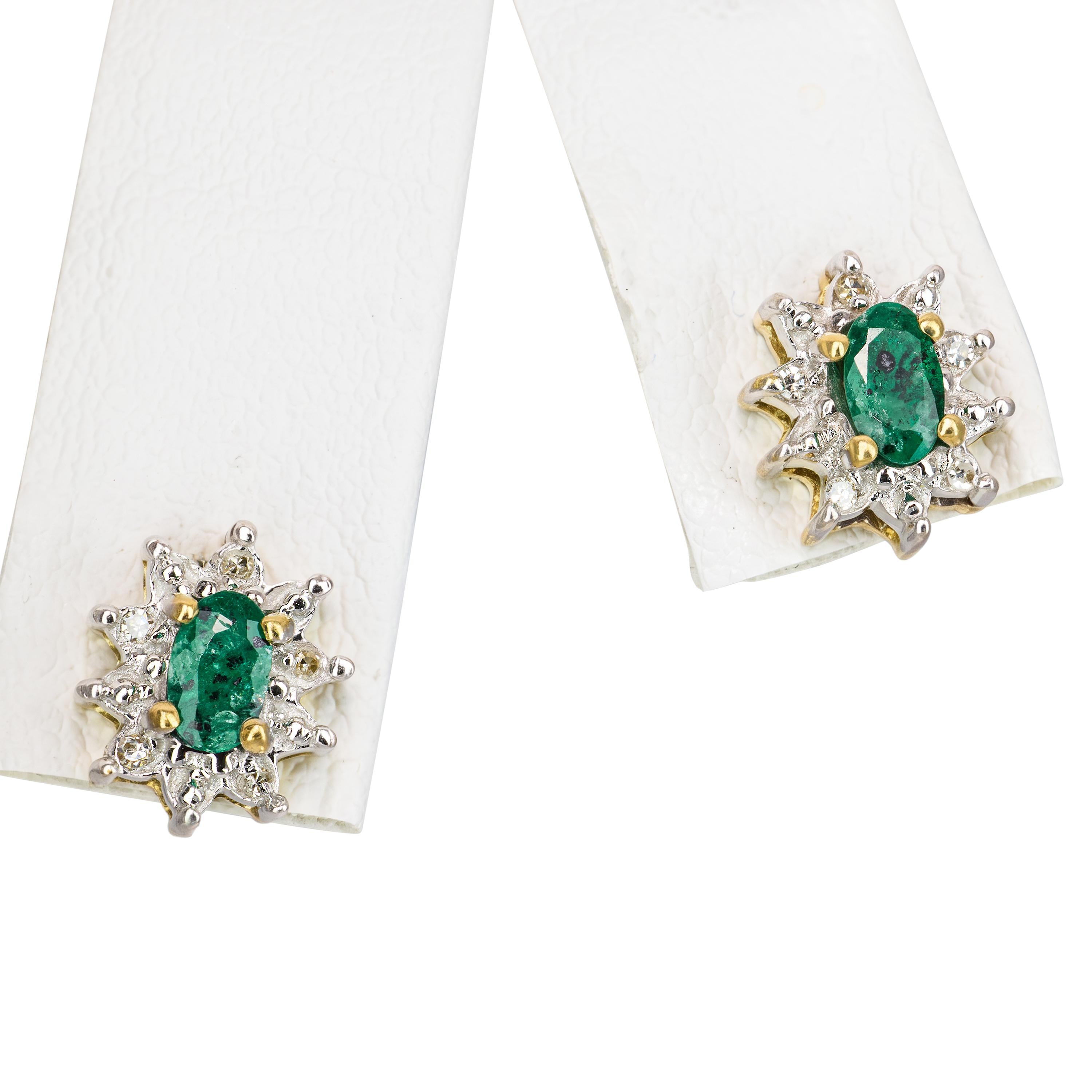 Vintage Two Tone 10k Gold Emerald and Diamond Halo Stud Earrings