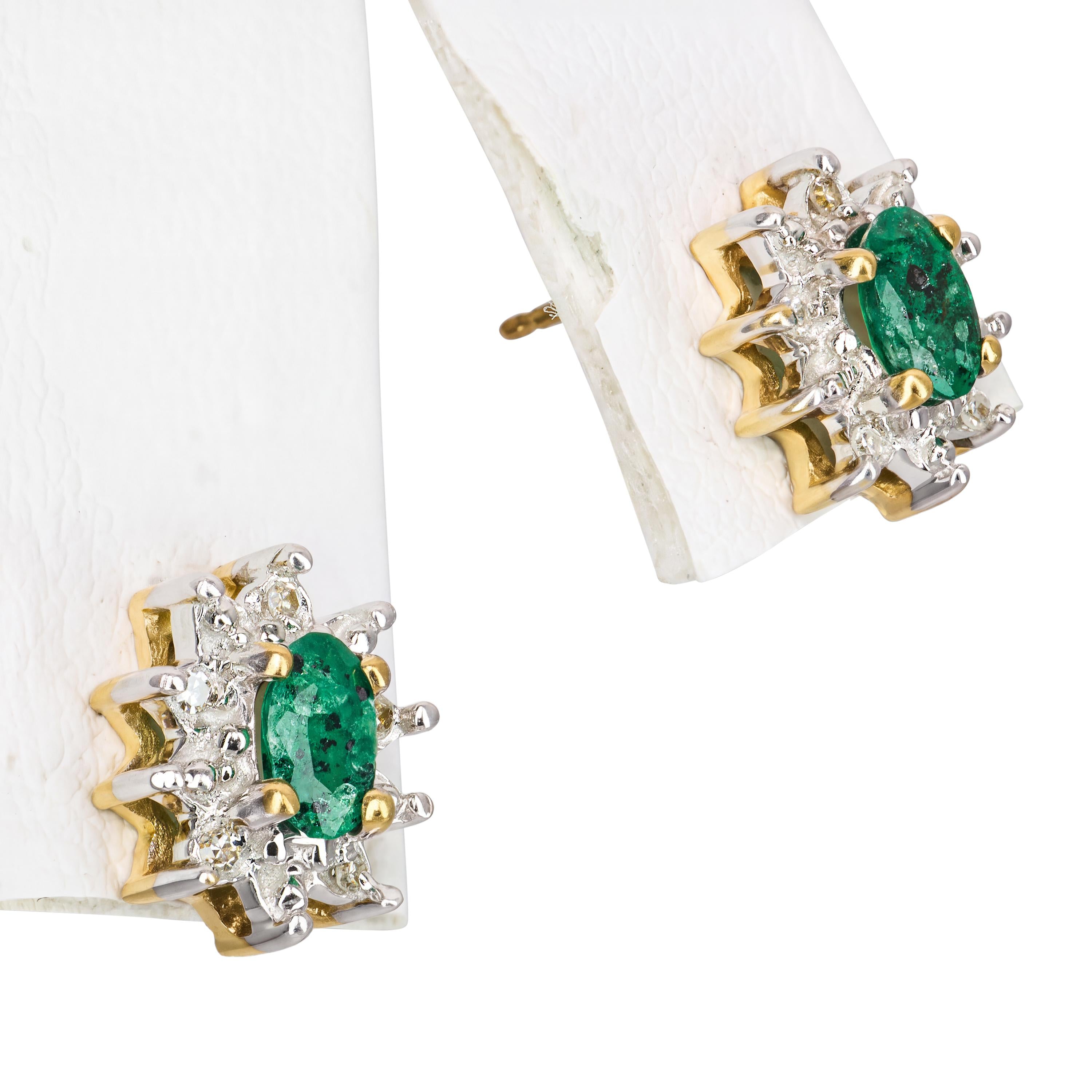 Vintage Two Tone 10k Gold Emerald and Diamond Halo Stud Earrings