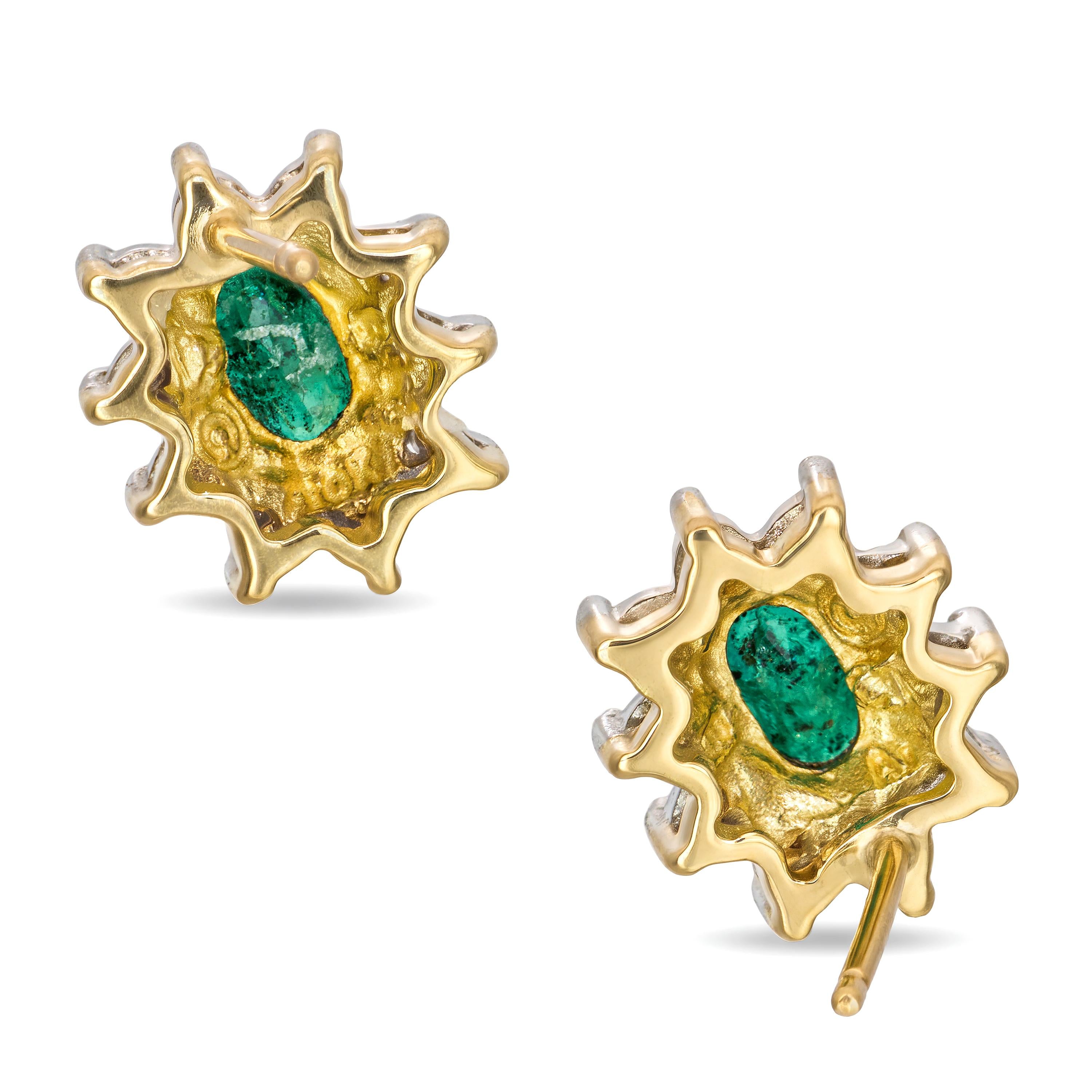 Vintage Two Tone 10k Gold Emerald and Diamond Halo Stud Earrings