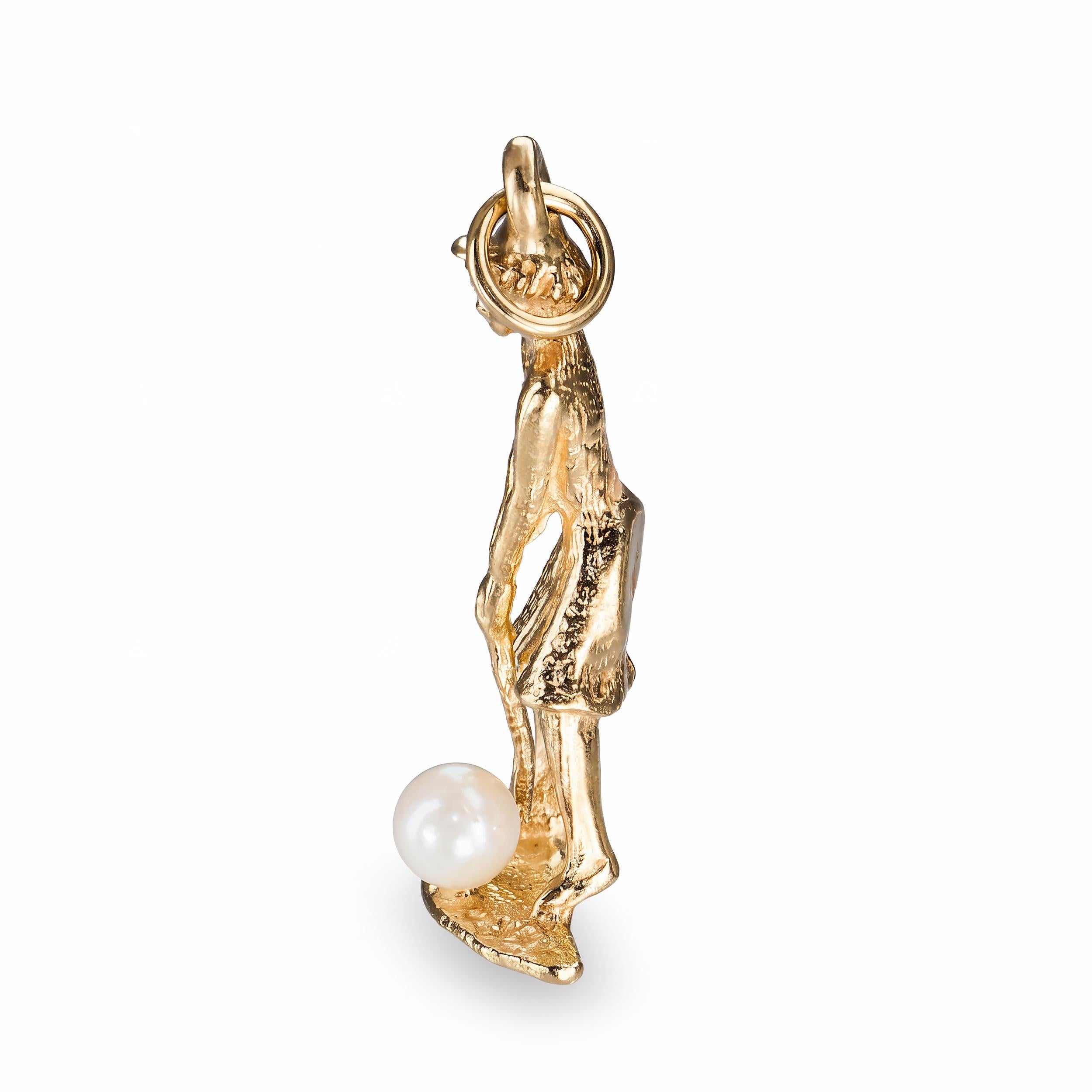 Vintage 14k Yellow Gold and Pearl Golfing Lady Charm