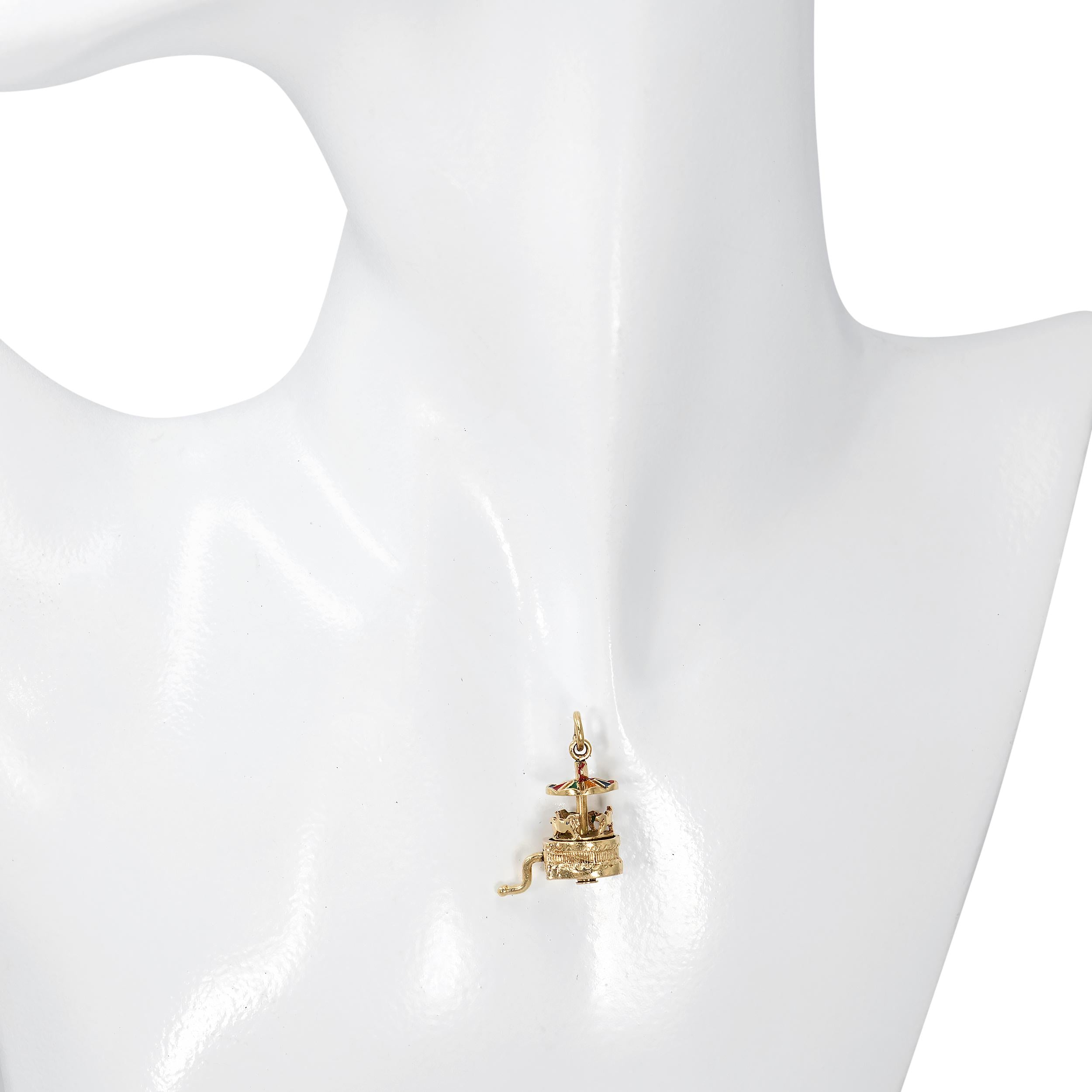 Vintage 13k Yellow Gold and Enamel Wind Up Carousel Charm