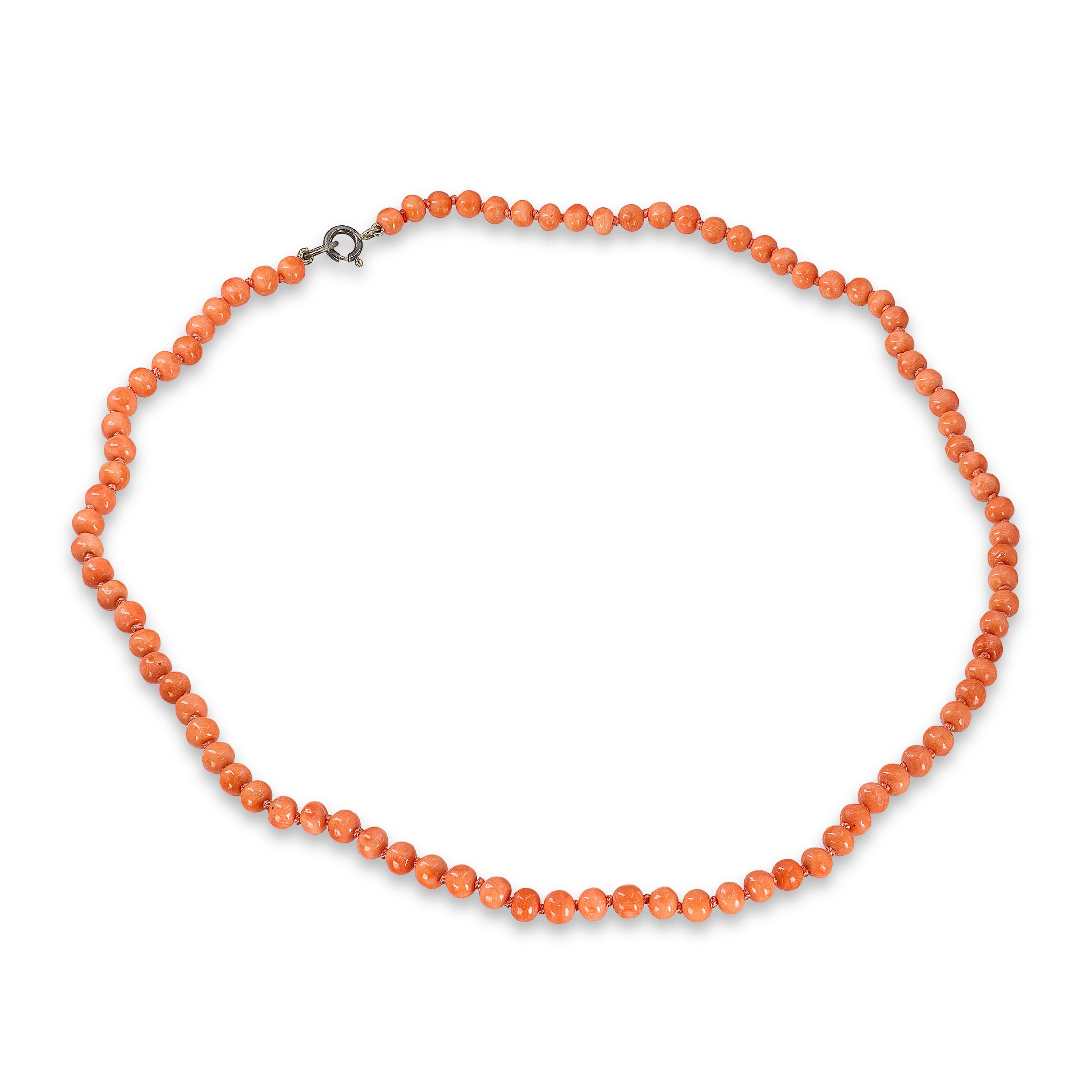 Antique Sterling Silver Red Coral Bead Necklace