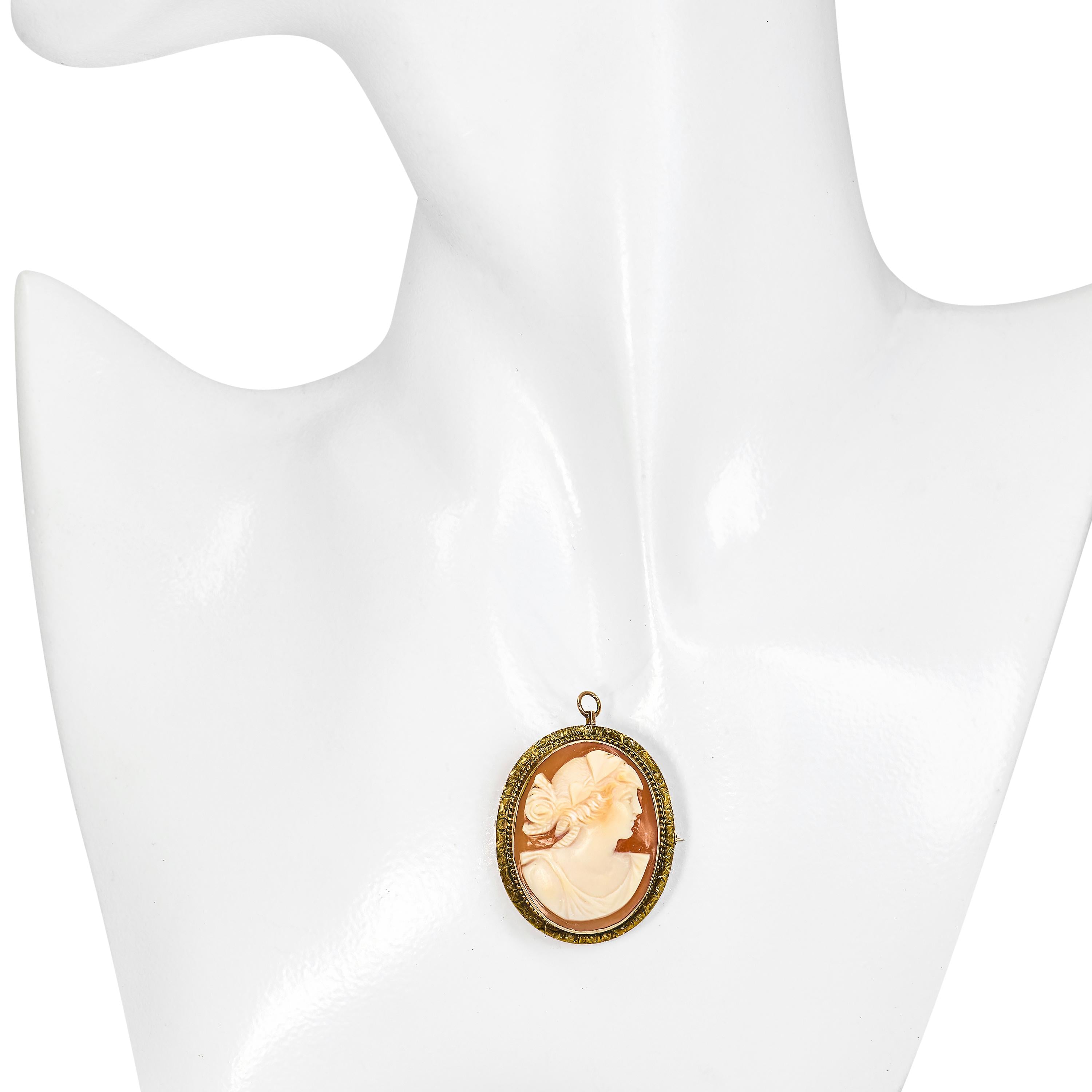 Antique Victorian 9k Yellow Gold Engraved Frame Cameo Brooch Pendant
