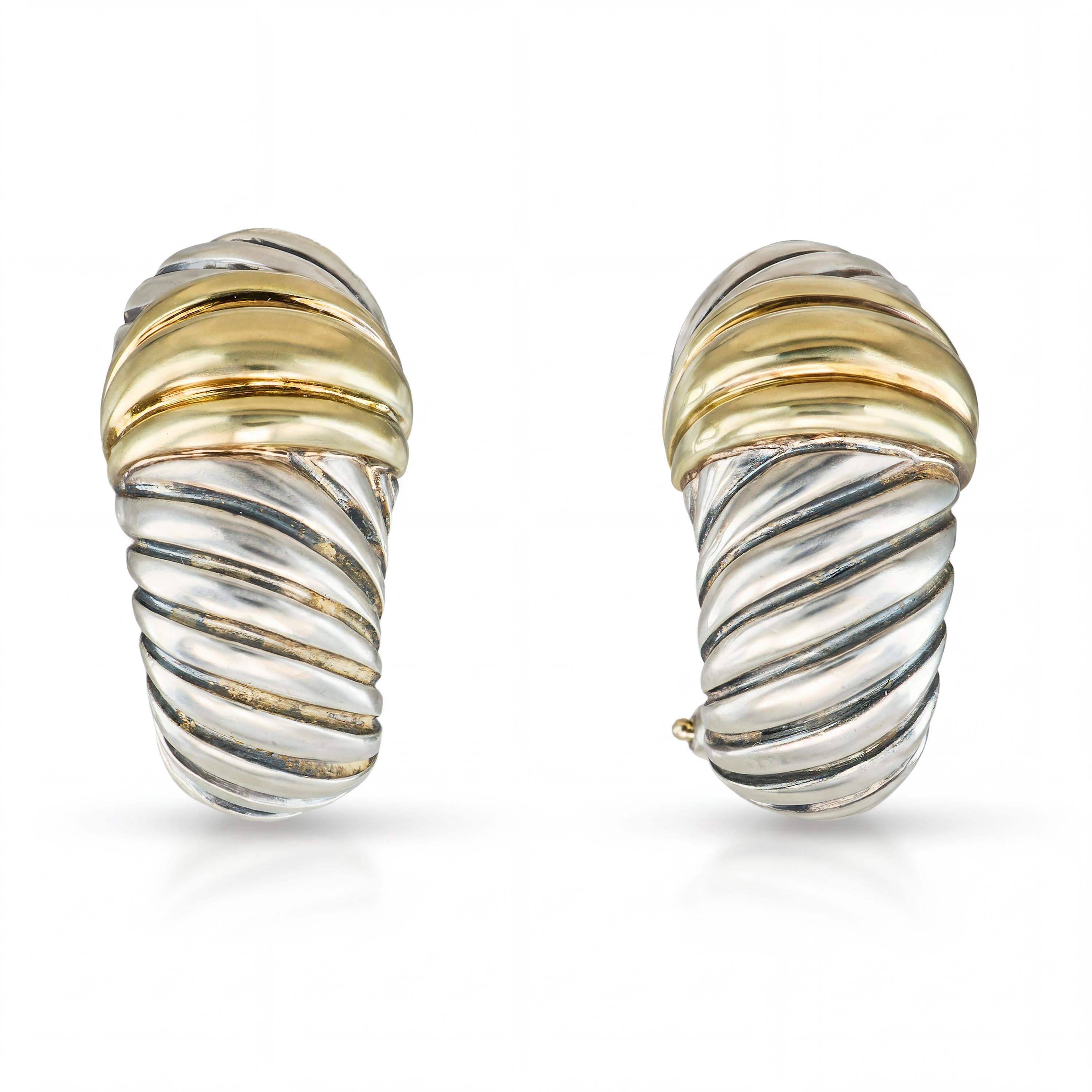 David Yurman Sterling Silver & 14k Yellow Gold Sculpted Cable Hoop Earrings
