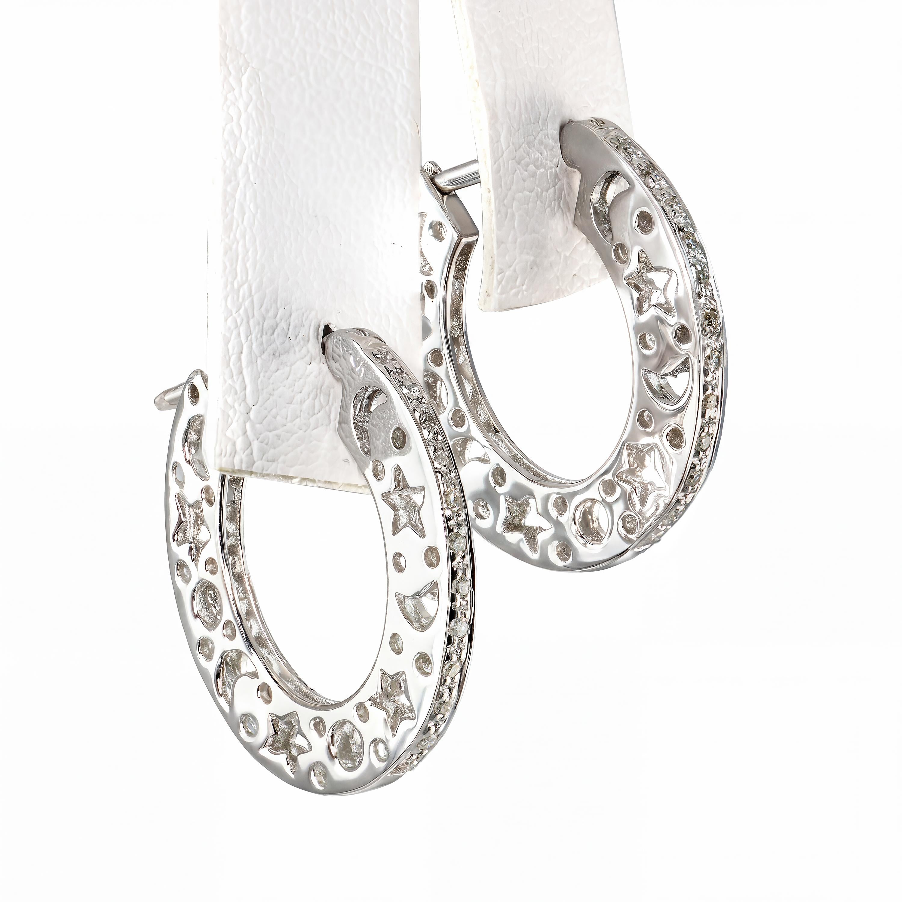 17k White Gold Diamond Star & Moon Celestial Hoop Earrings