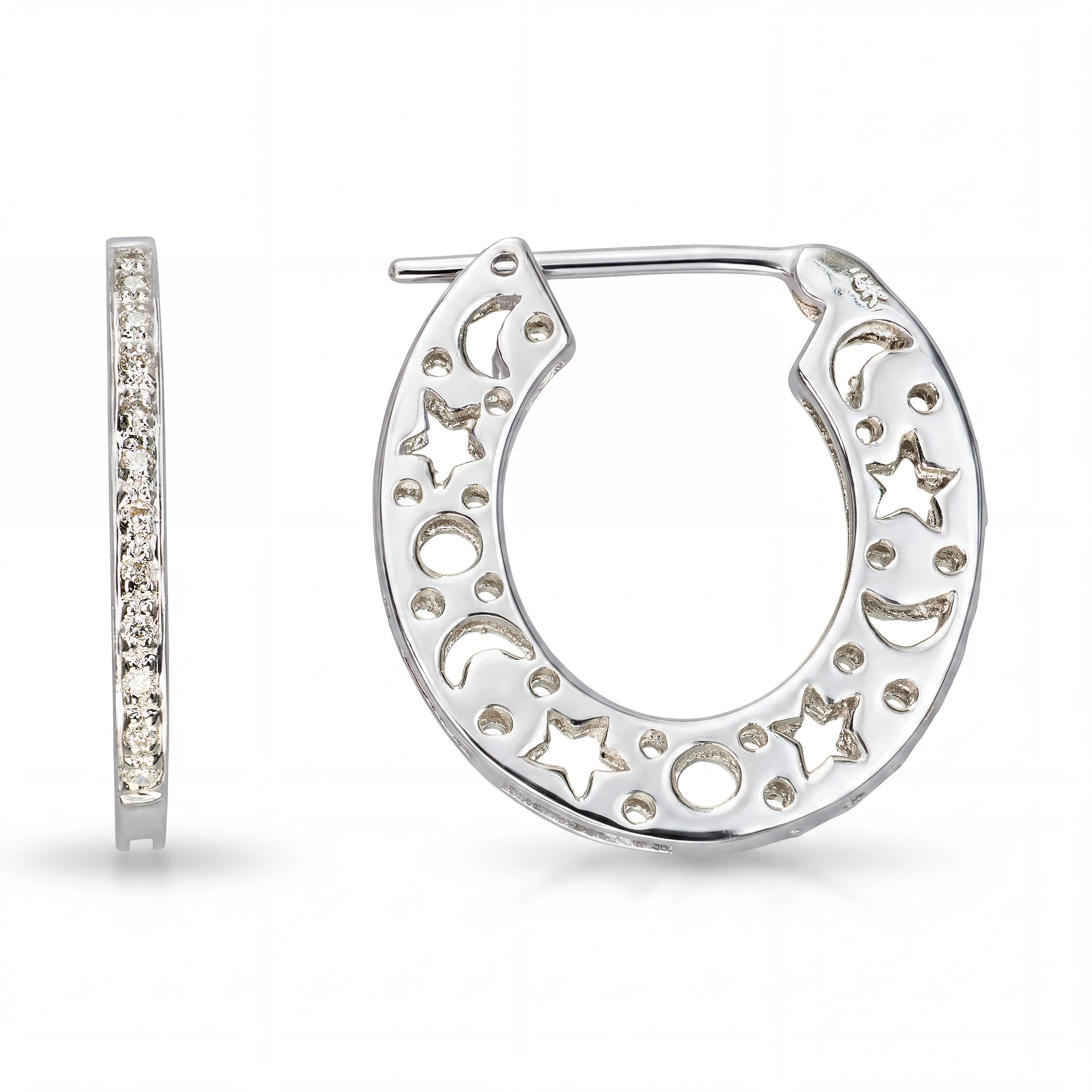 17k White Gold Diamond Star & Moon Celestial Hoop Earrings