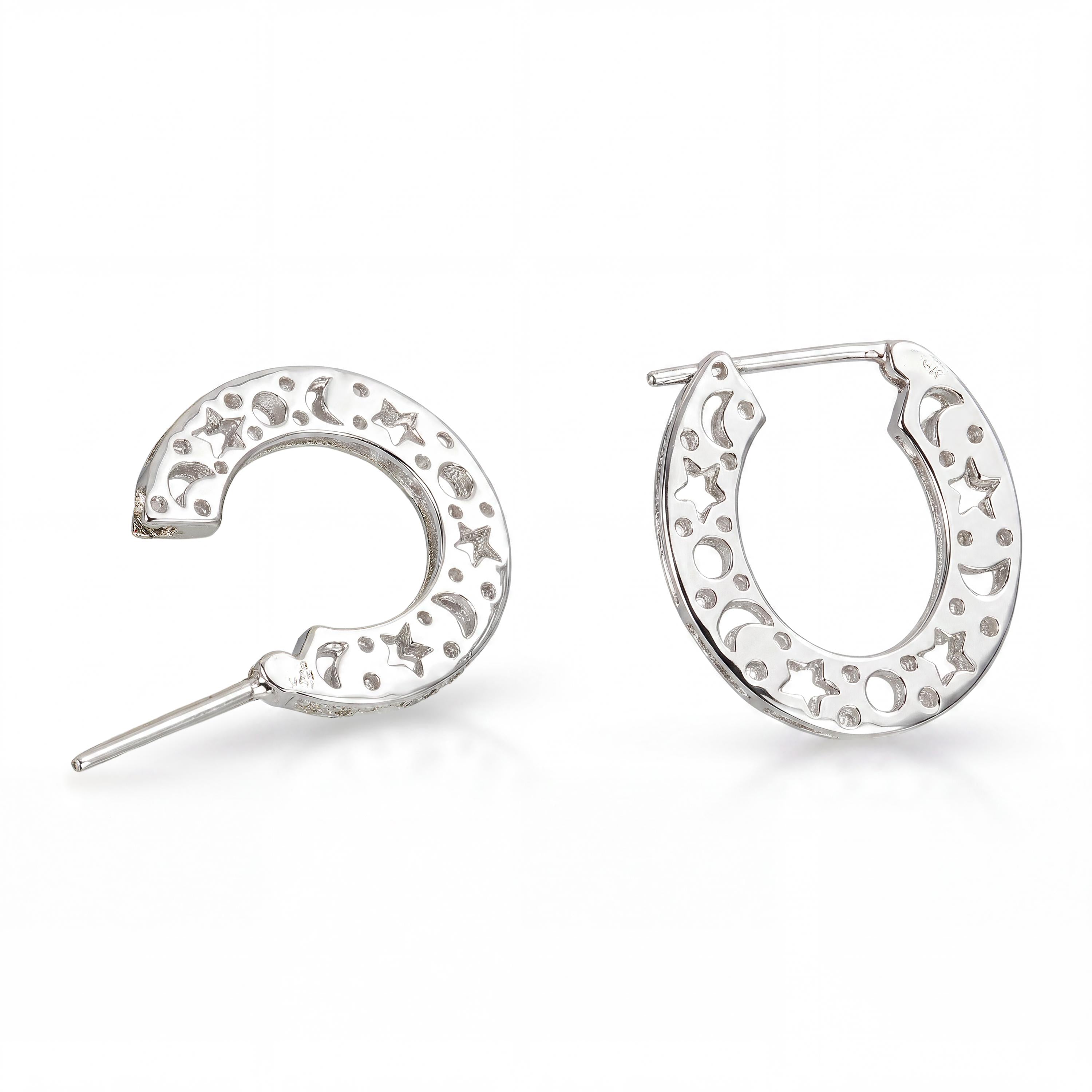17k White Gold Diamond Star & Moon Celestial Hoop Earrings