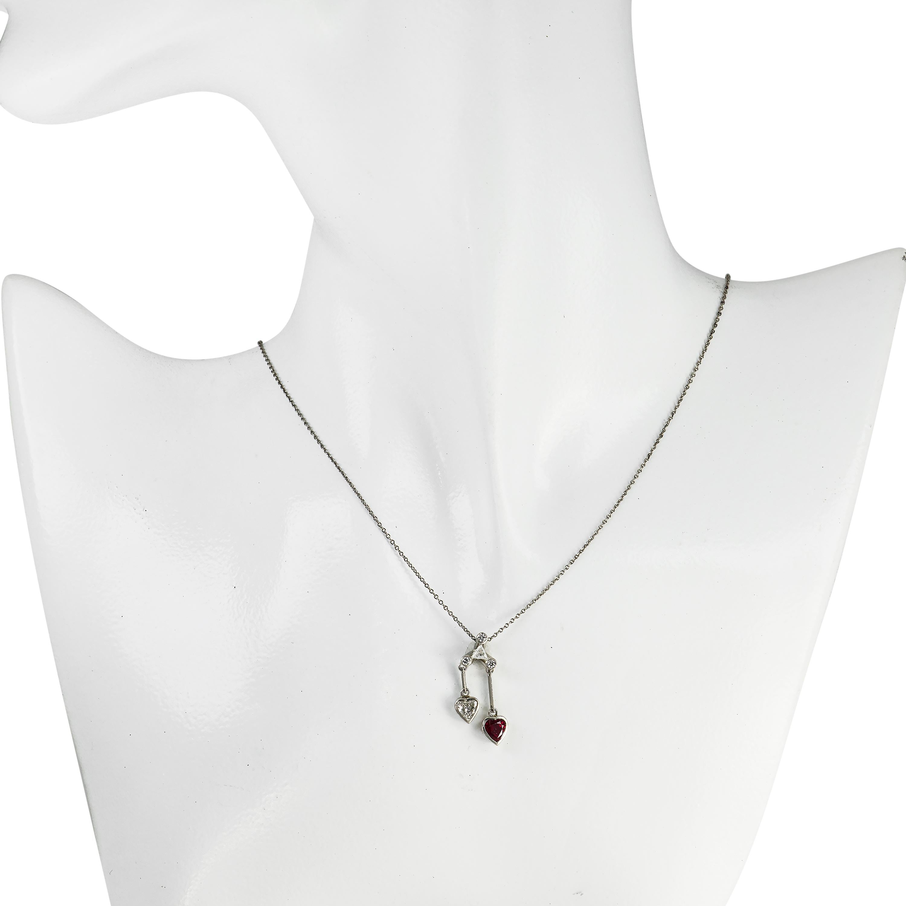 Platinum Ruby & Diamond Double Heart Pendant Necklace