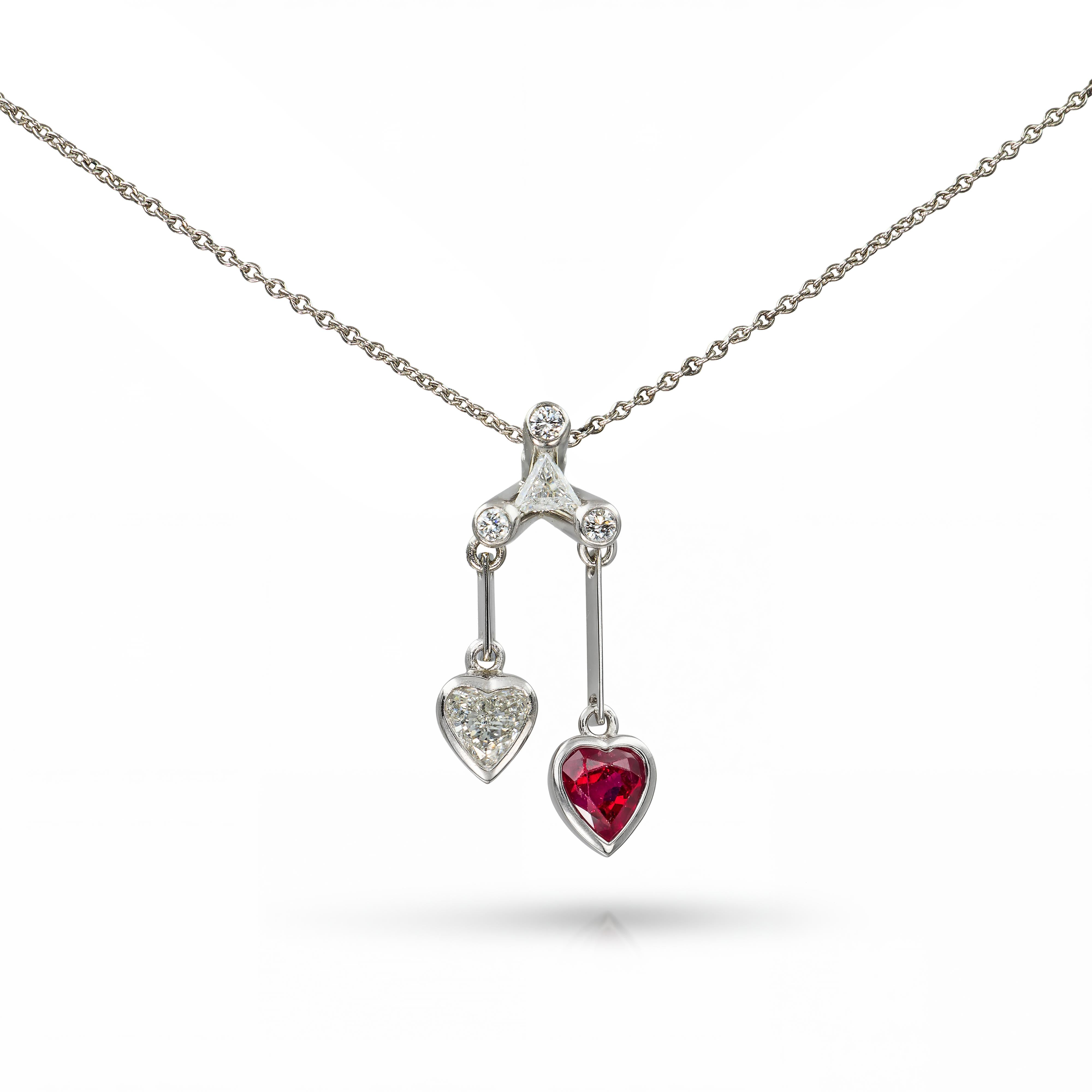 Platinum Ruby & Diamond Double Heart Pendant Necklace