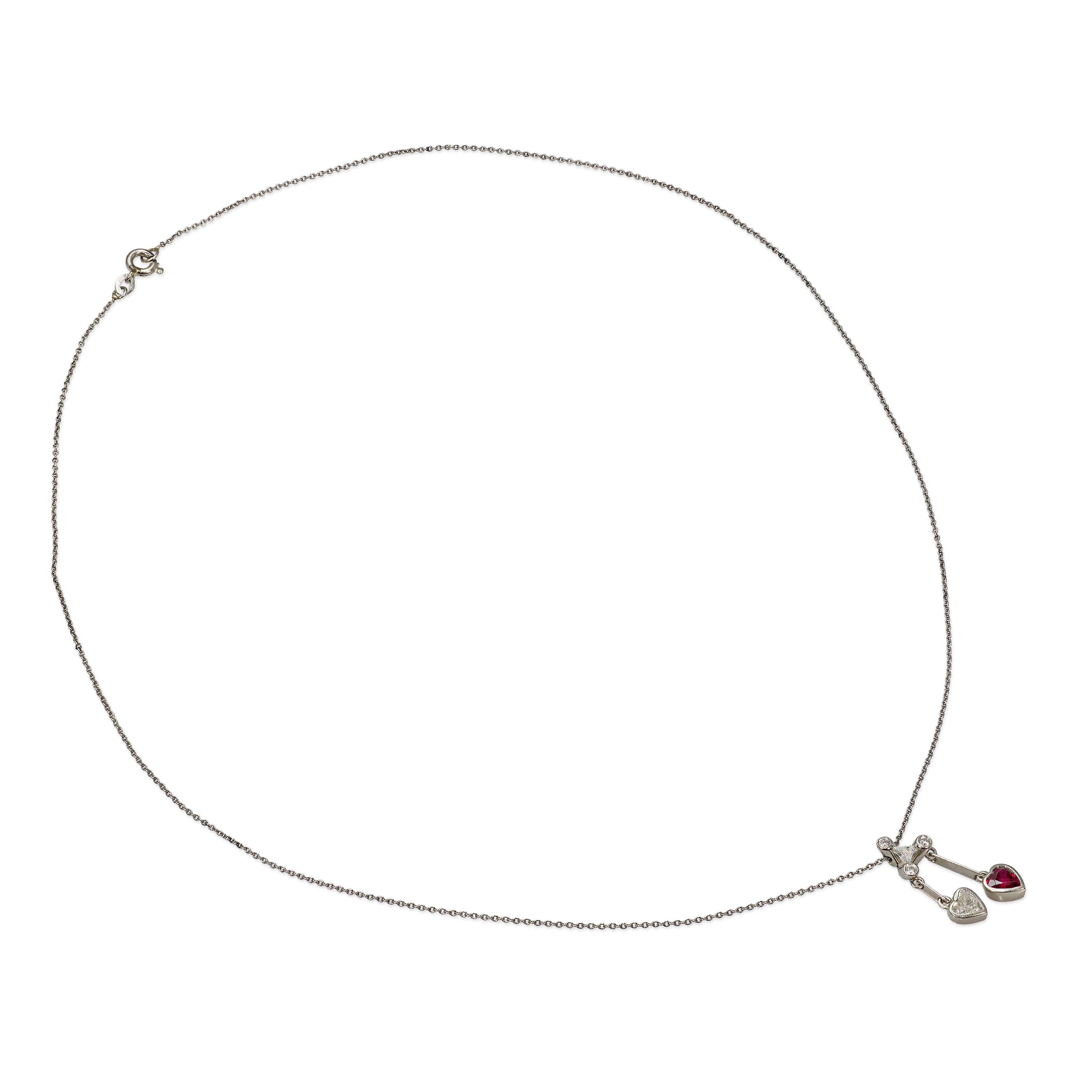 Platinum Ruby & Diamond Double Heart Pendant Necklace