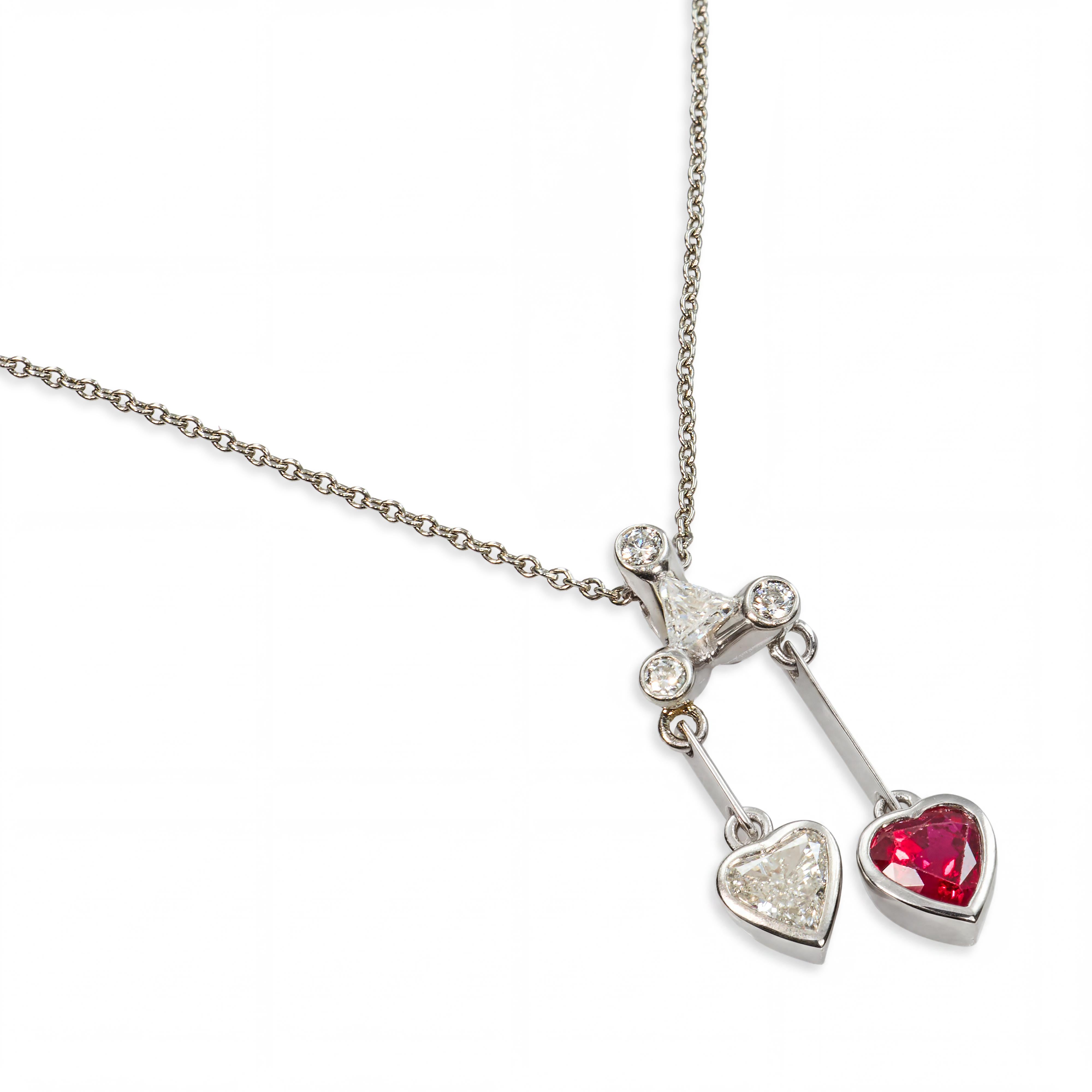 Platinum Ruby & Diamond Double Heart Pendant Necklace