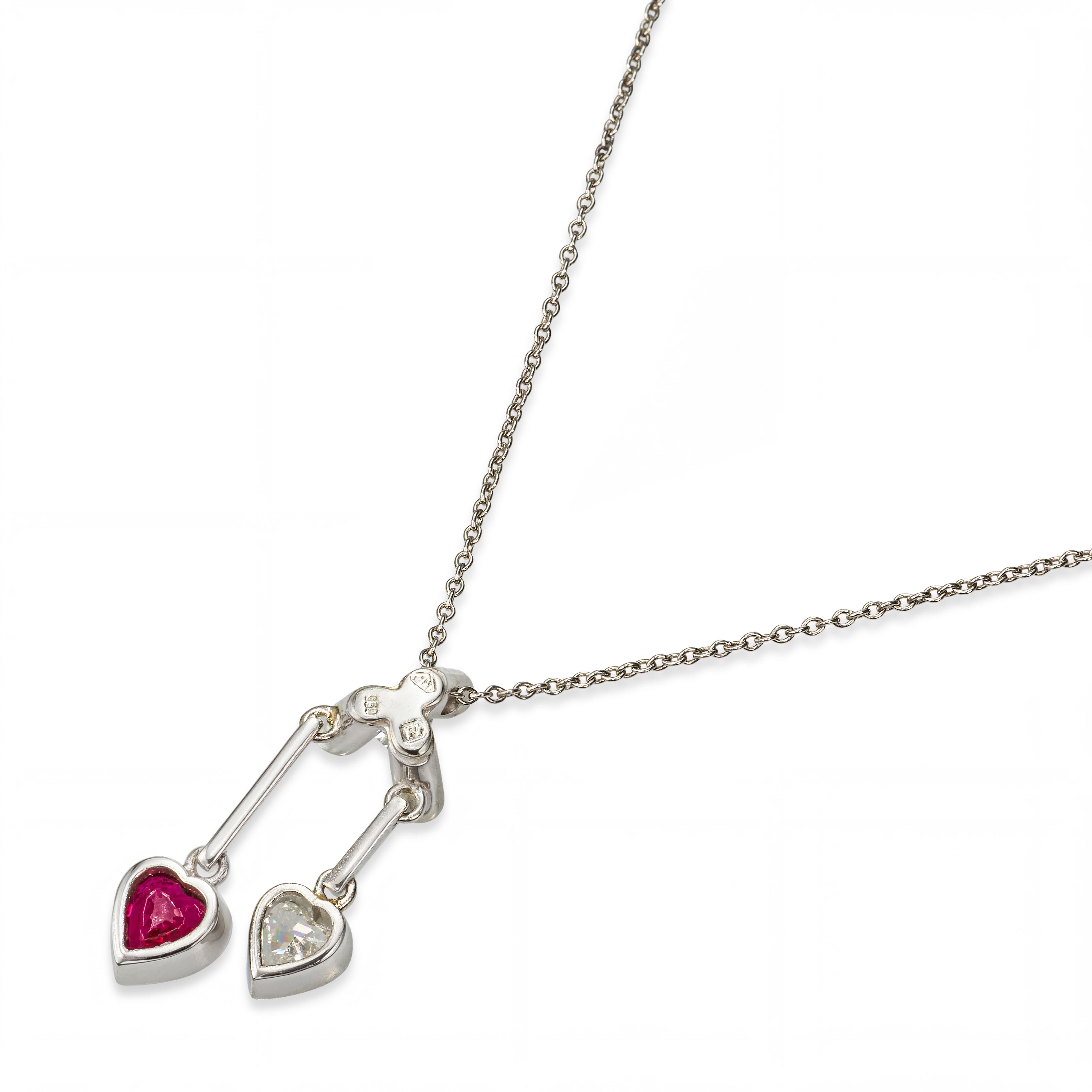 Platinum Ruby & Diamond Double Heart Pendant Necklace