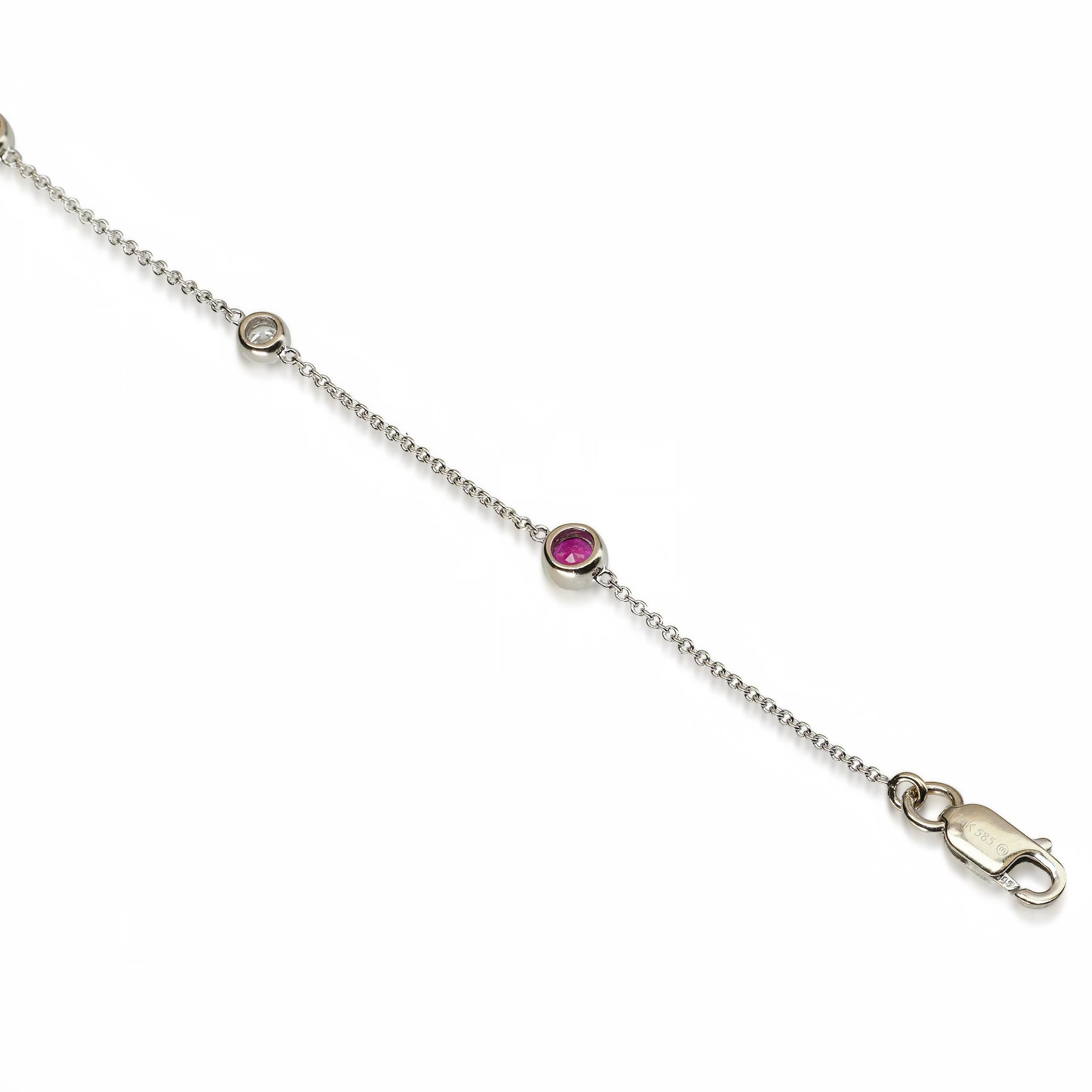 Vintage 14k White Gold Diamond and Ruby Station Link Bracelet