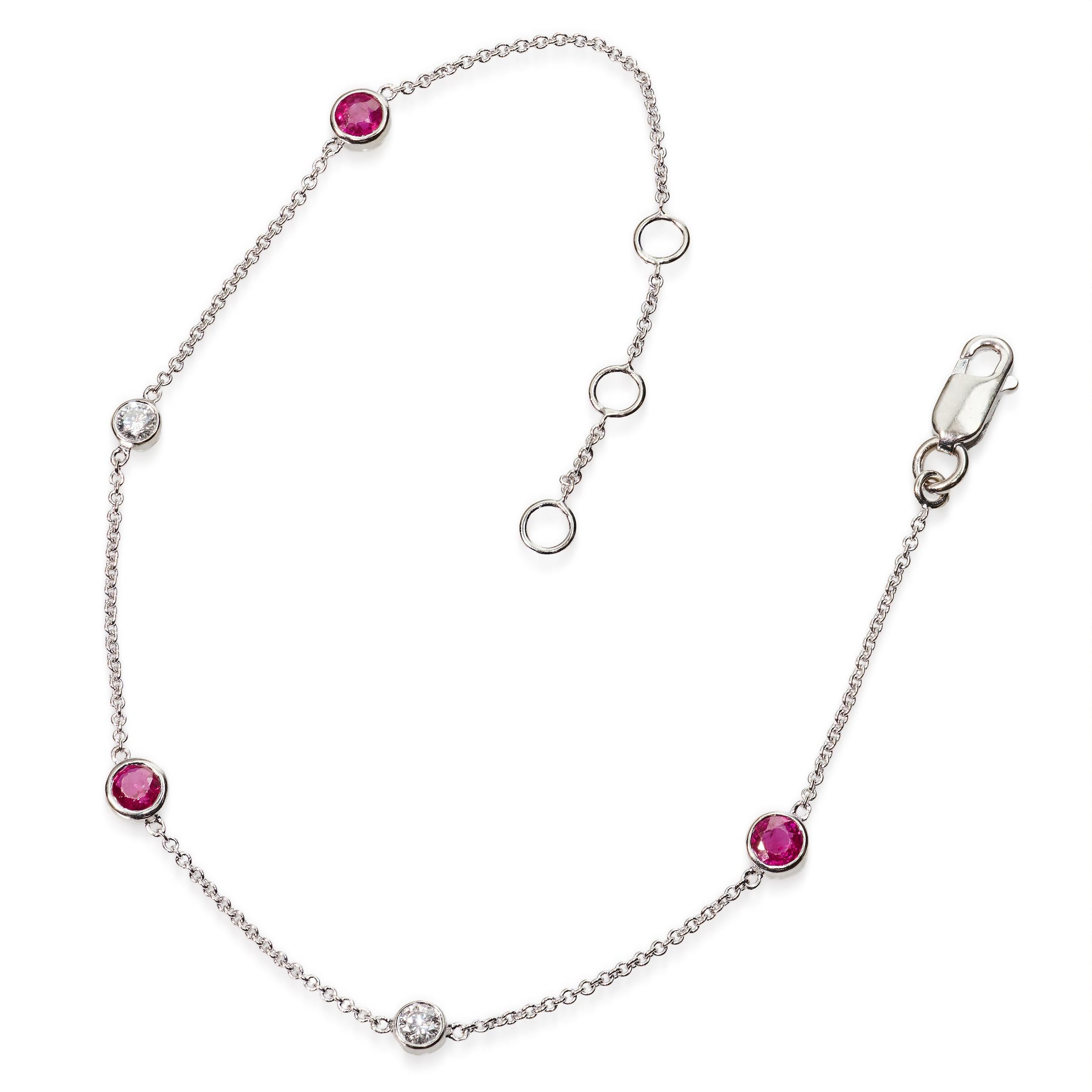 Vintage 14k White Gold Diamond and Ruby Station Link Bracelet