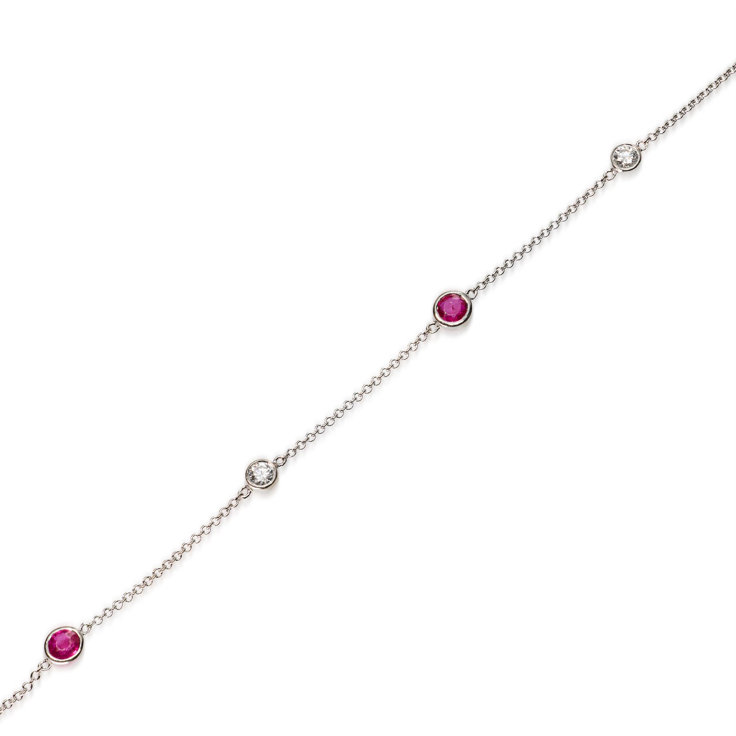 Vintage 14k White Gold Diamond and Ruby Station Link Bracelet