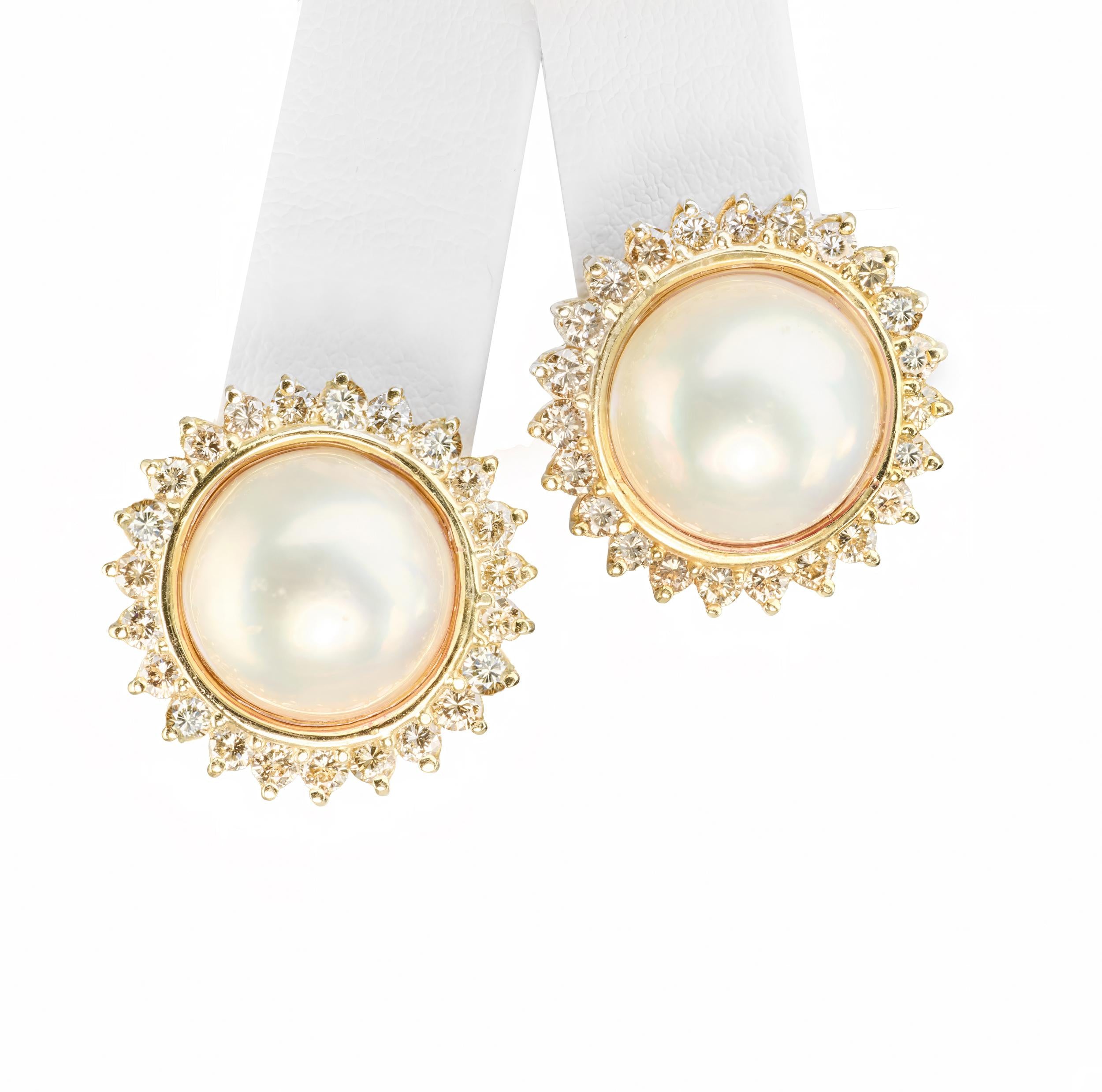 Vintage 14k Yellow Gold Diamond Halo Mabe Pearl Stud Earrings