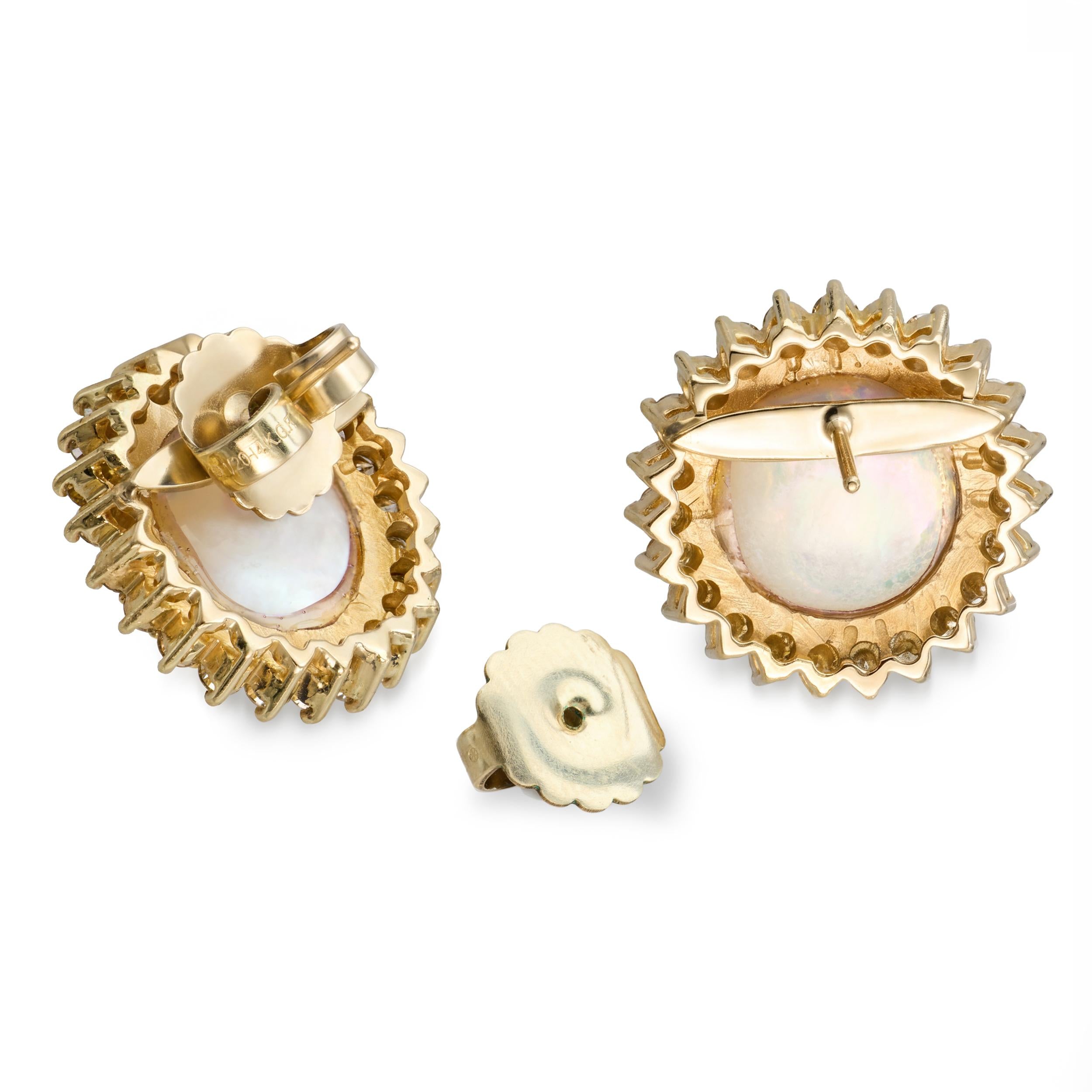 Vintage 14k Yellow Gold Diamond Halo Mabe Pearl Stud Earrings