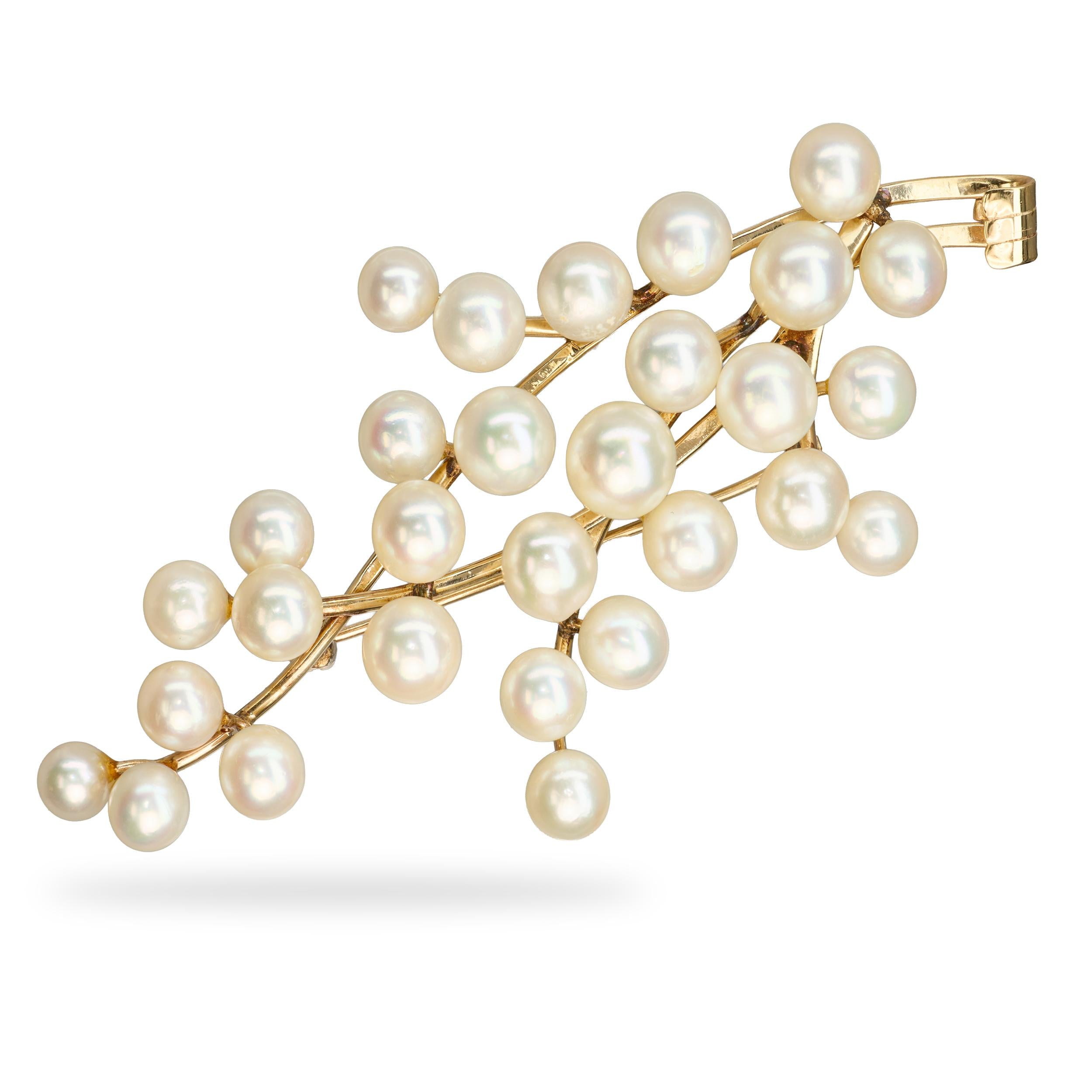 Vintage Ming's 14k Yellow Gold Pearl Cluster Branch Brooch