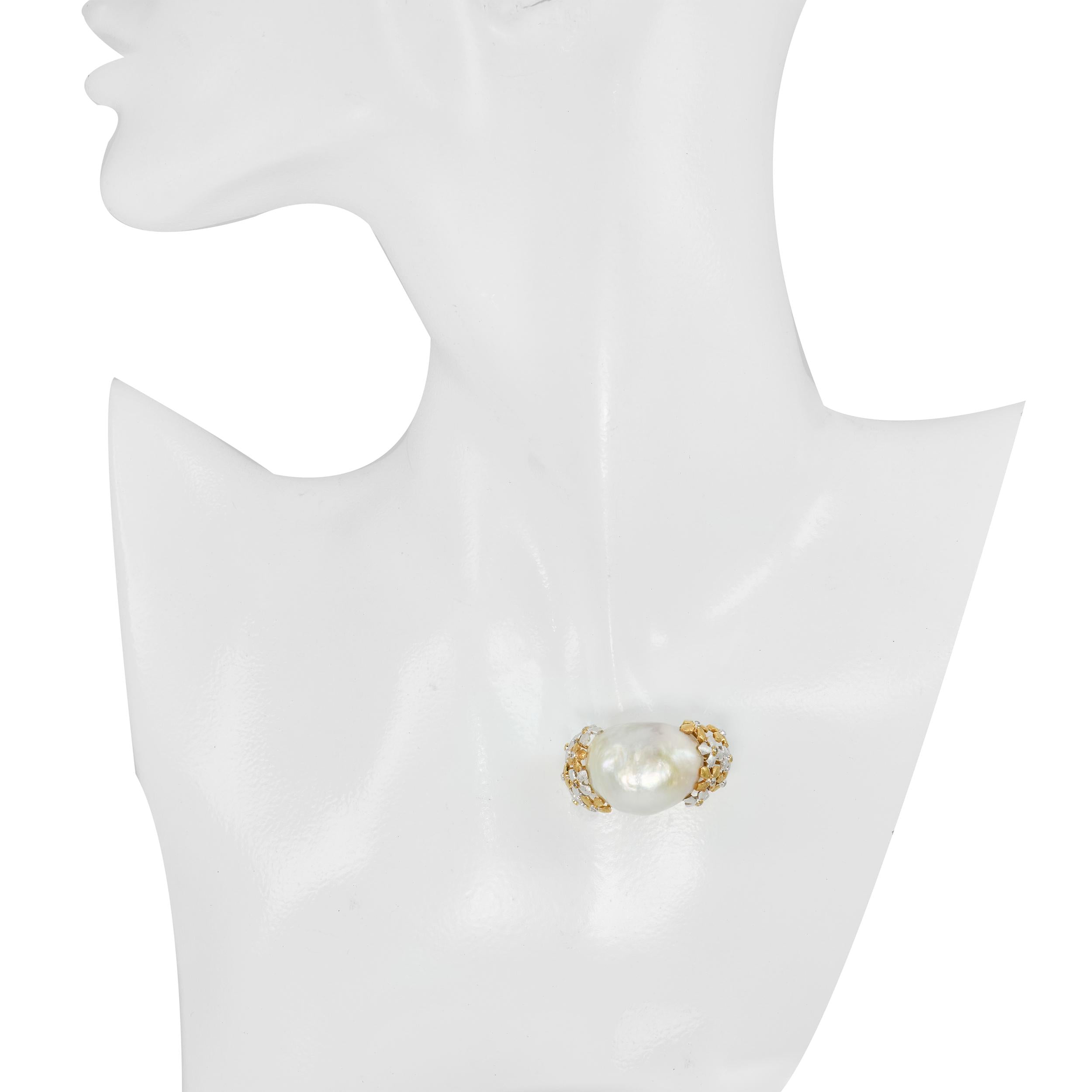 Vintage 18k Two Tone Gold Semi Baroque South Sea Pearl and Diamond Slide Pendant
