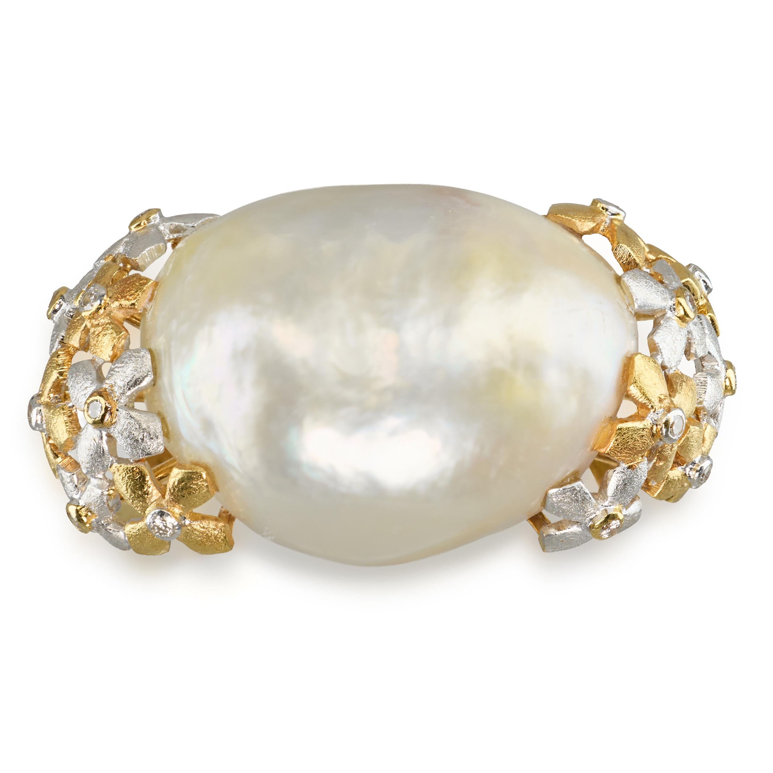 Vintage 18k Two Tone Gold Semi Baroque South Sea Pearl and Diamond Slide Pendant