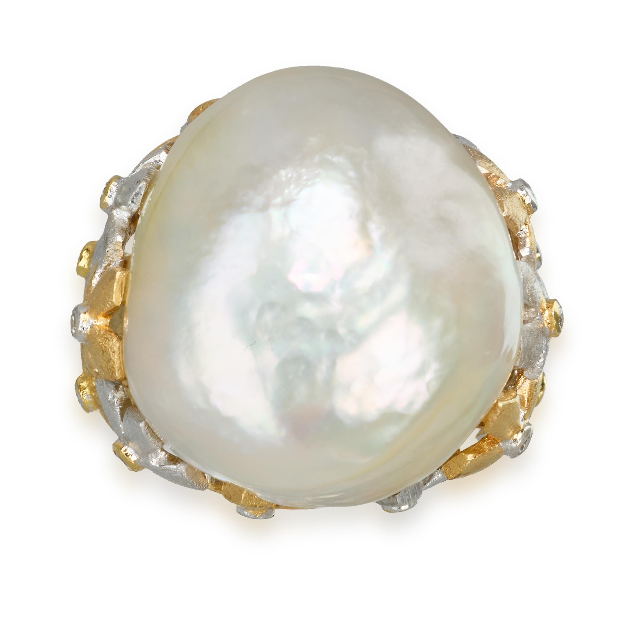 Vintage 18k Two Tone Gold Baroque South Sea Pearl & Diamond Floral Ring