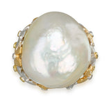 Vintage 18k Two Tone Gold Baroque South Sea Pearl & Diamond Floral Ring
