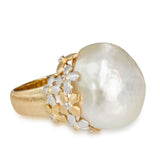 Vintage 18k Two Tone Gold Baroque South Sea Pearl & Diamond Floral Ring