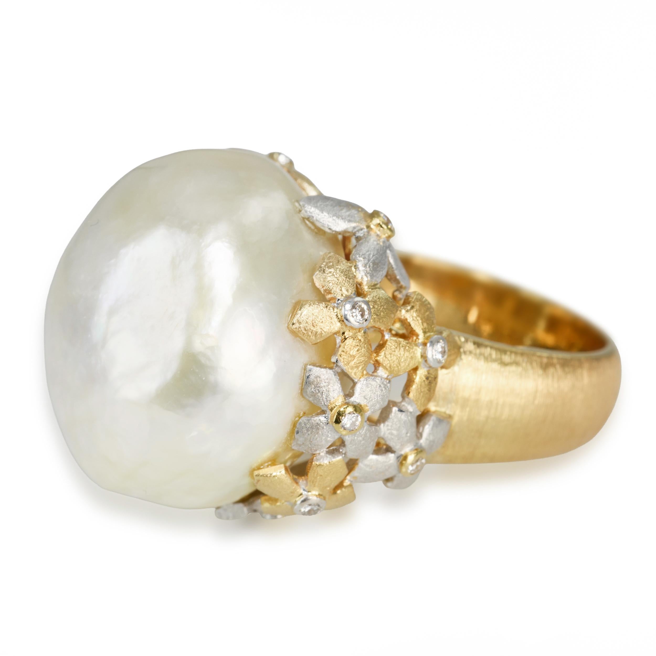 Vintage 18k Two Tone Gold Baroque South Sea Pearl & Diamond Floral Ring