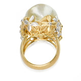 Vintage 18k Two Tone Gold Baroque South Sea Pearl & Diamond Floral Ring