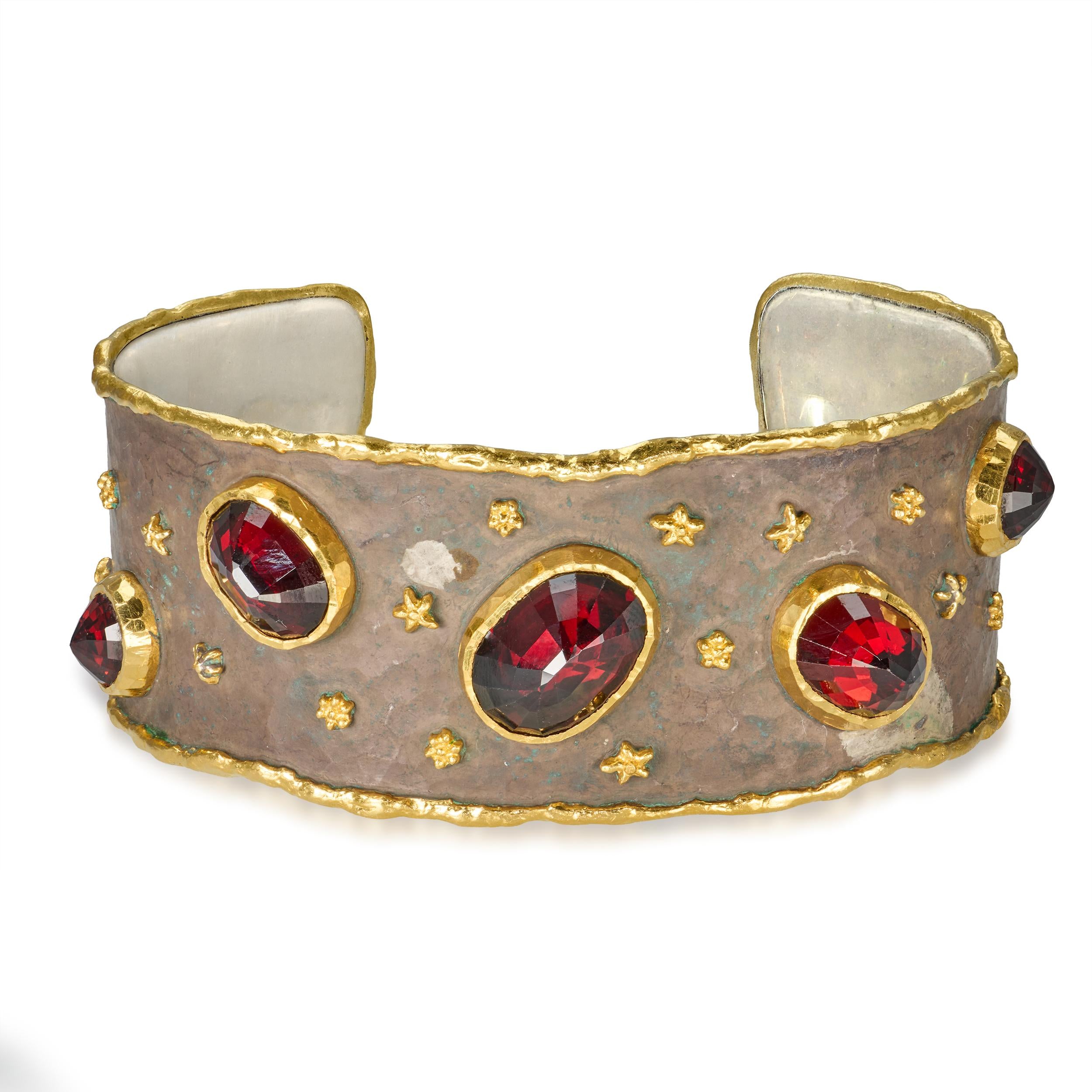 Victor Velyan 925 & 24k Yellow Gold Celestial Spessartite Garnet Cuff Bracelet