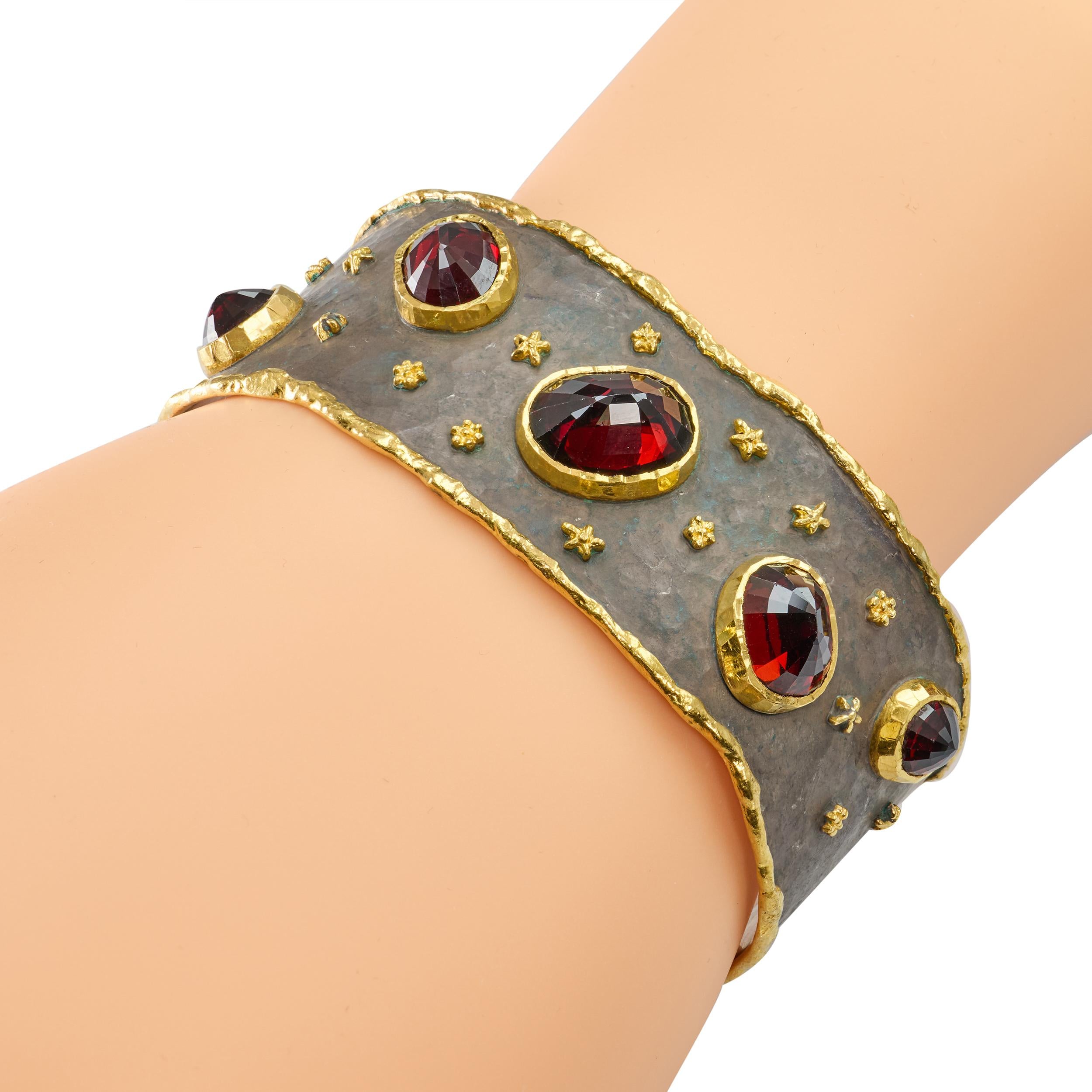 Victor Velyan 925 & 24k Yellow Gold Celestial Spessartite Garnet Cuff Bracelet
