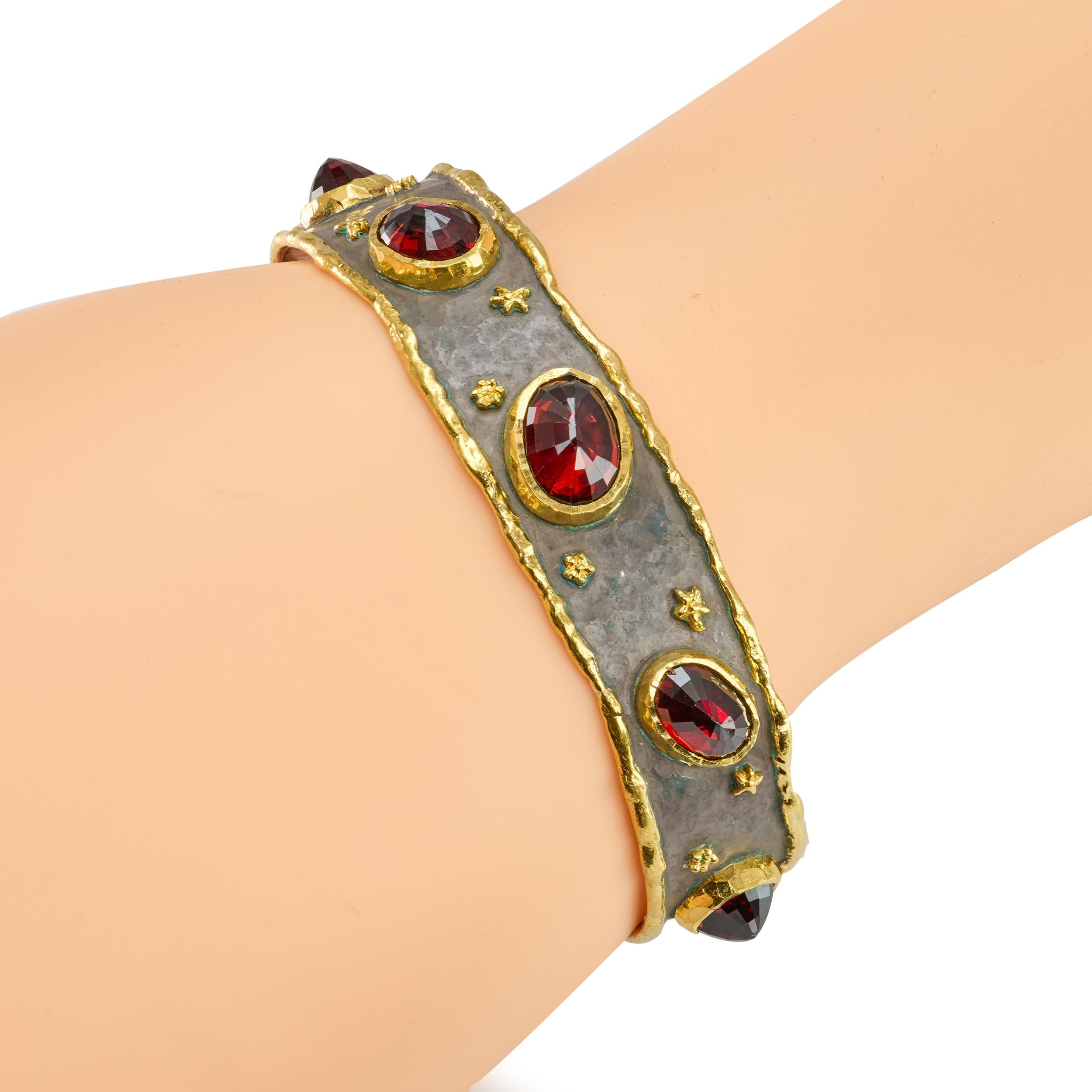 Victor Velyan Sterling Silver & 24k Yellow Gold Spessartite Garnet Cuff Bracelet